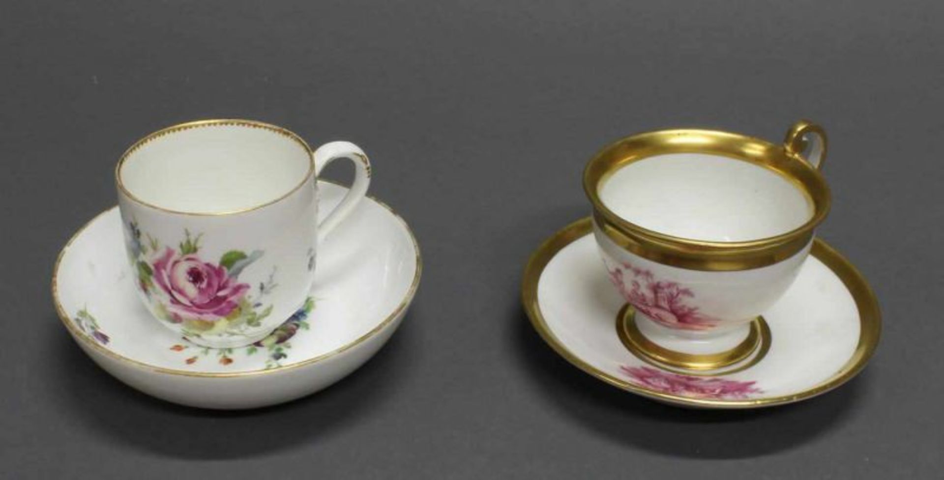 Tasse, Meissen, Schwertermarke, 1740-1780, bunte Blumen, Goldzier, 6.5 cm hoch, Henkel mit Riss;