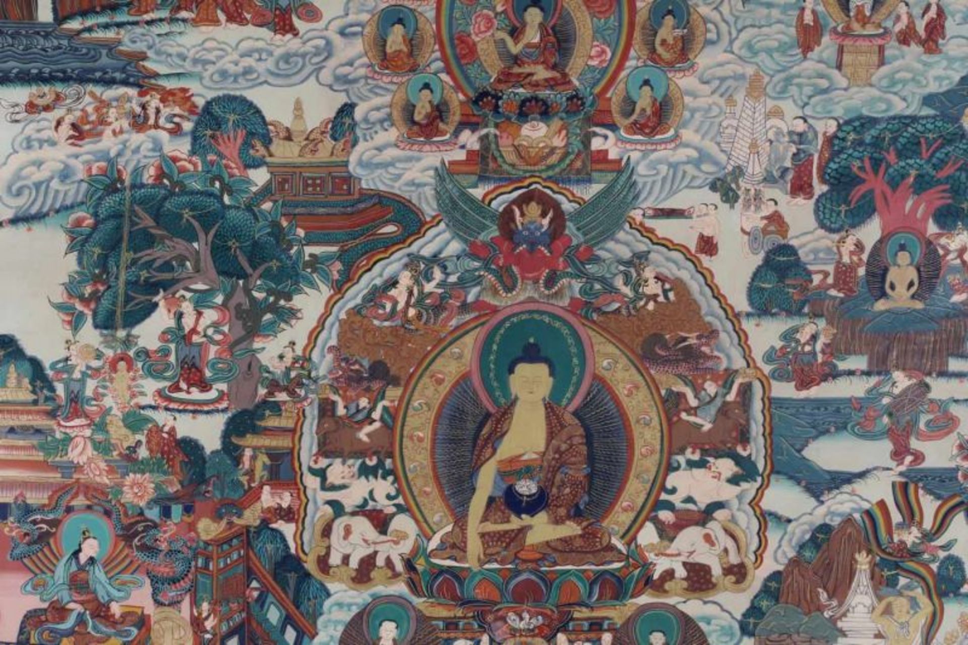 Thangka, "Die zwölf großen Taten des Buddha", Nepal, 20. Jh., Farbe mit Gold auf Leinwand, 78 x 55.5 - Image 3 of 4