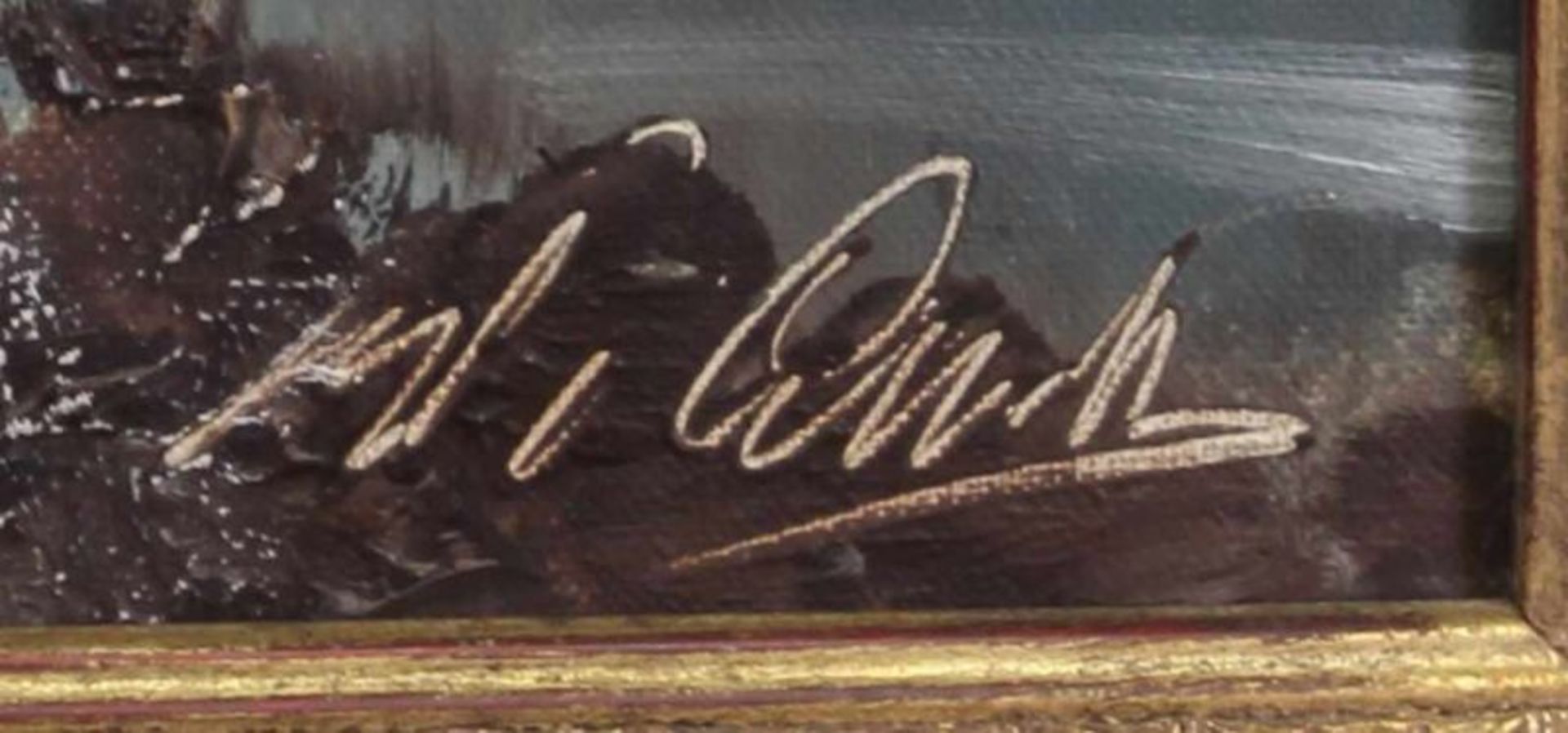 Undeutlich signiert (20. Jh.), "Winter vor dem Dorf", Öl auf Leinwand, undeutlich signiert unten - Image 3 of 4