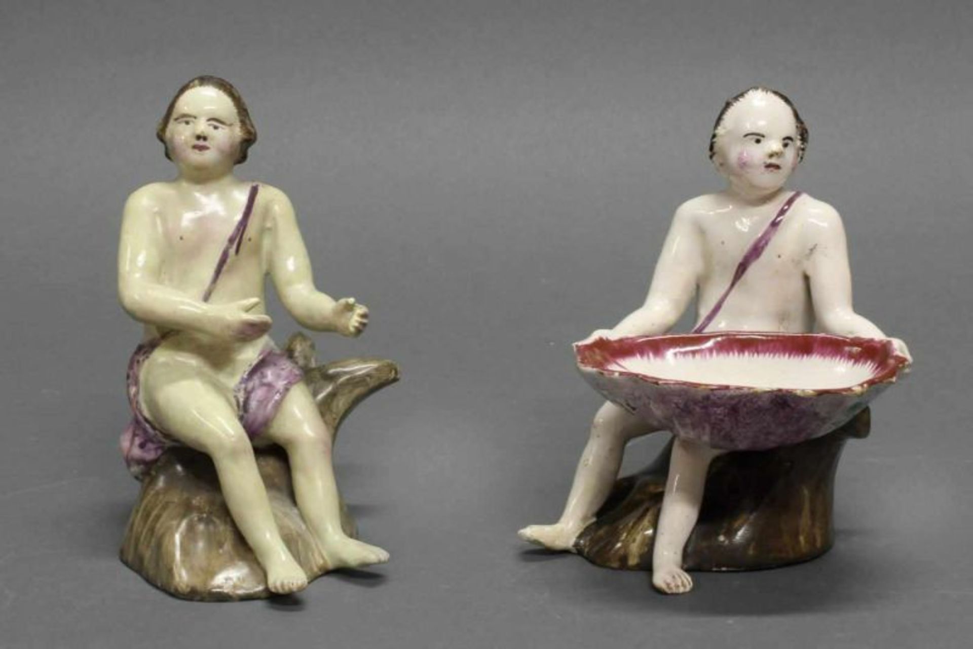 2 Figurensalièren, Fayence, Proskau, um 1770-1783, gemarkt DP/82 bzw. DP/59, polychrom, 13.5 cm