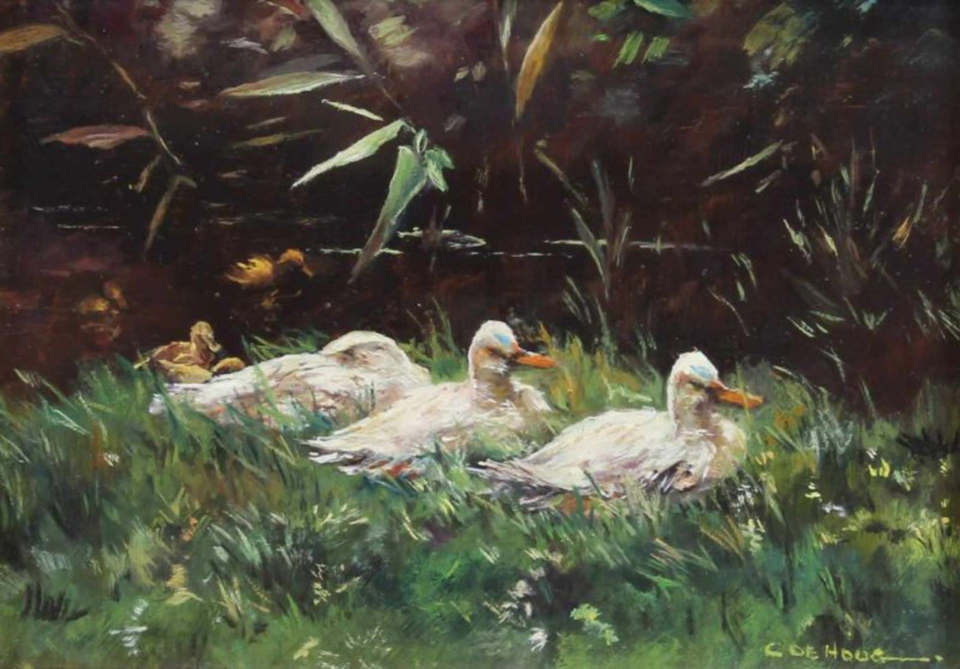 Hoog, C. de (20. Jh.), "Enten am Wasser", Öl auf Leinwand, signiert unten C. de Hoog, 13 x 18 cm,