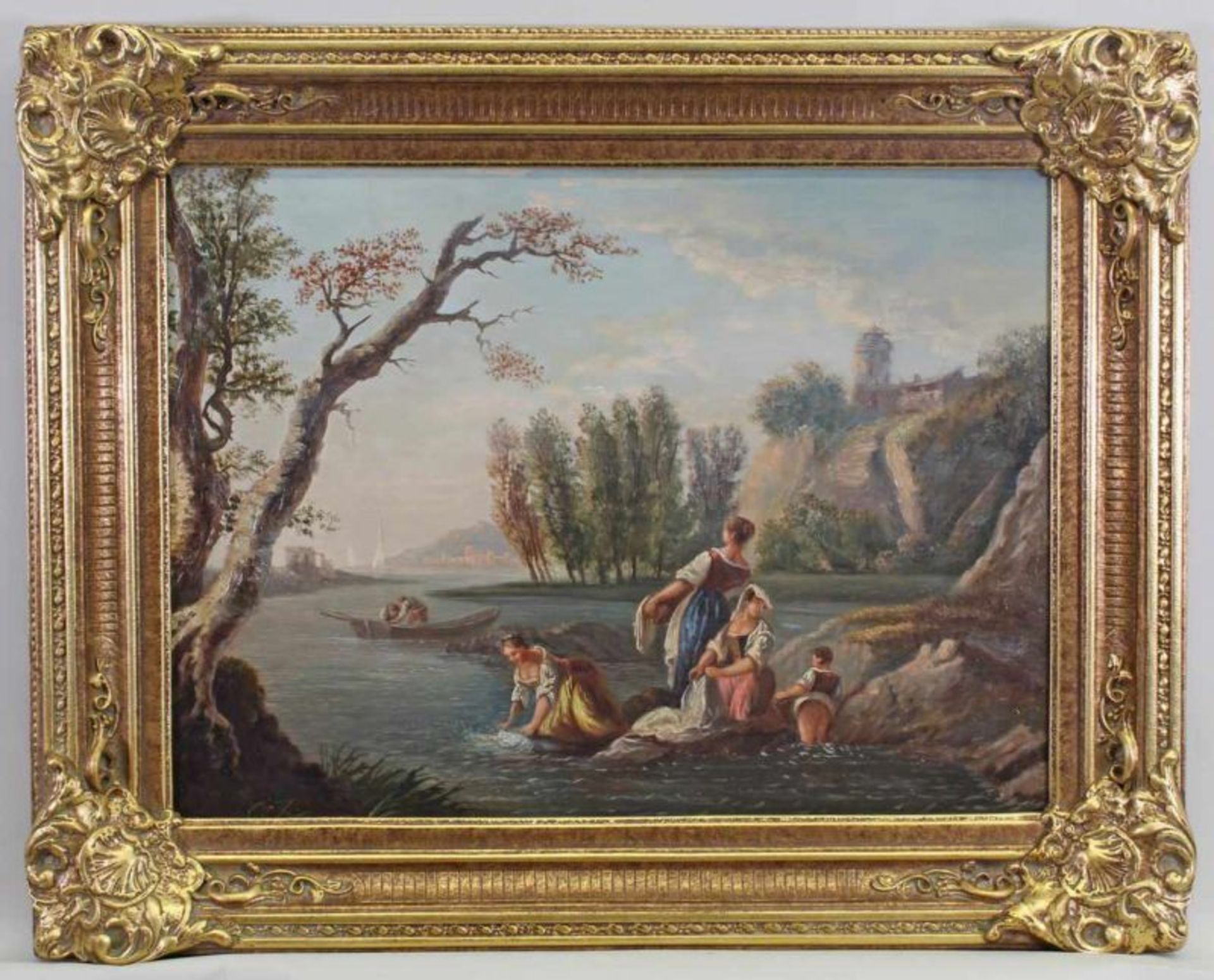 Unbekannter Maler (19. Jh.), "Wäscherinnen in südlicher Landschaft", Öl auf Leinwand, 46 x 61 cm - Image 2 of 3