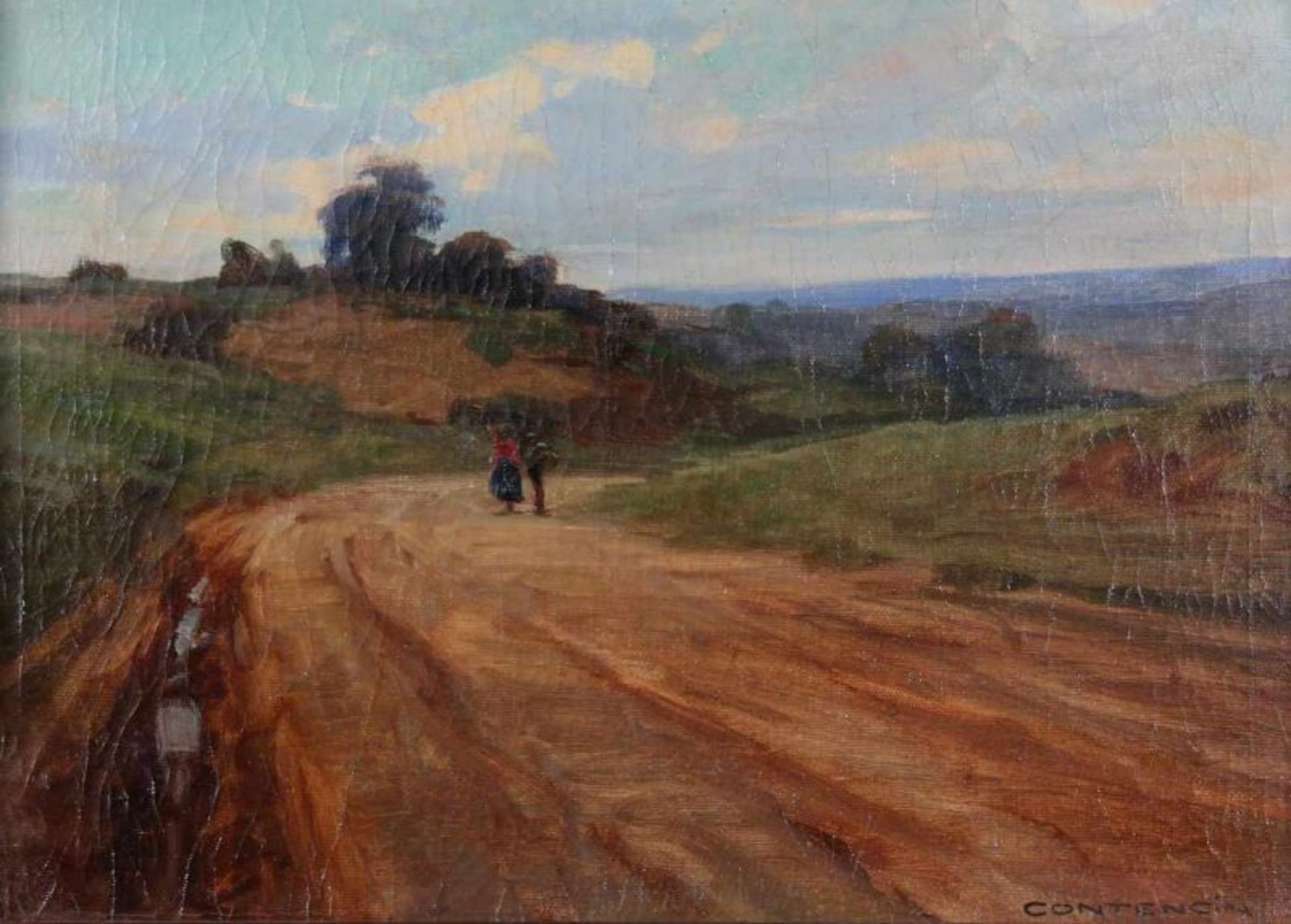 Contencin (tätig um 1920), "Wanderer in norditalienischer Landschaft", Öl auf Leinwand, signiert
