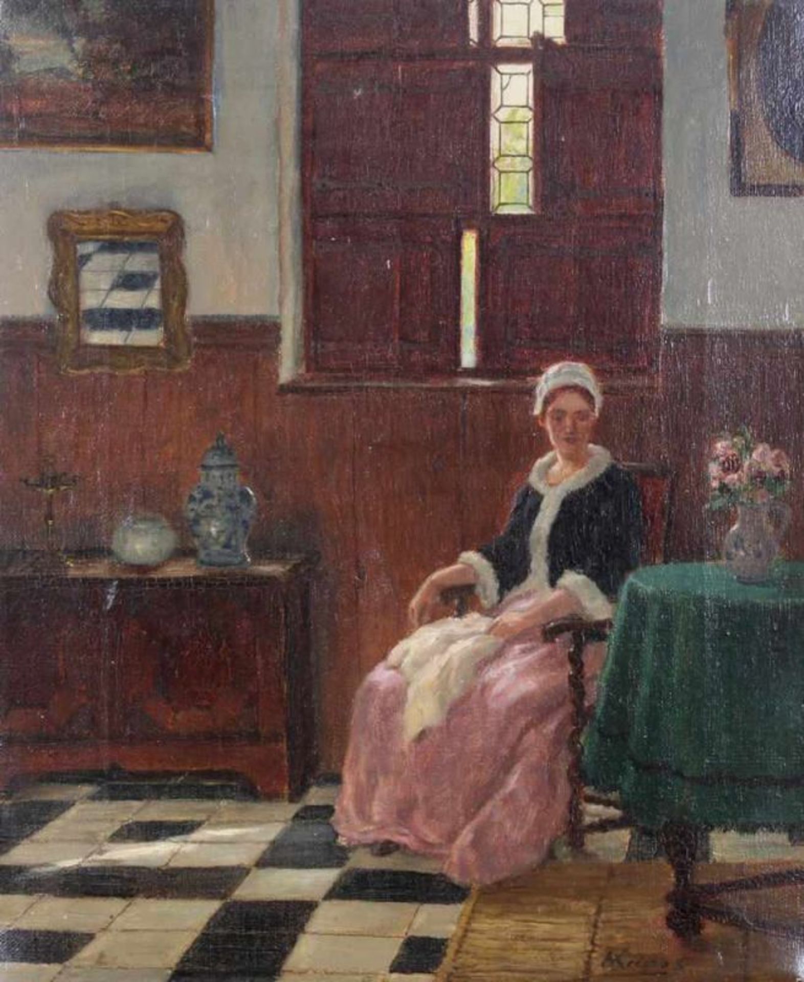 Krings, Hugo (1878 Mönchengladbach - 1954, Genremaler), "Junge Frau in der Stube", Öl auf