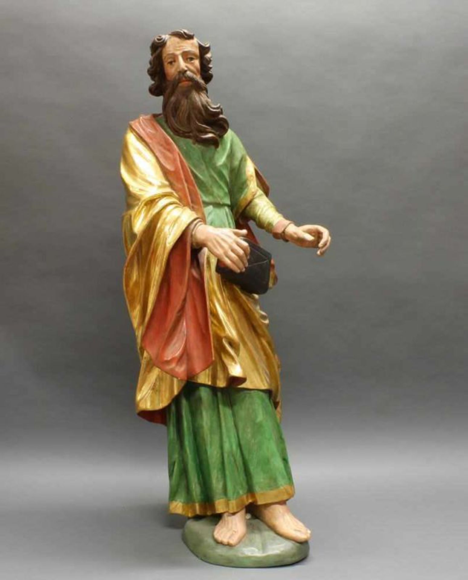 Skulptur, Holz geschnitzt, gefasst, "Apostel", 19. Jh., rückseitig abgeflacht, 111 cm hoch 20.00 %