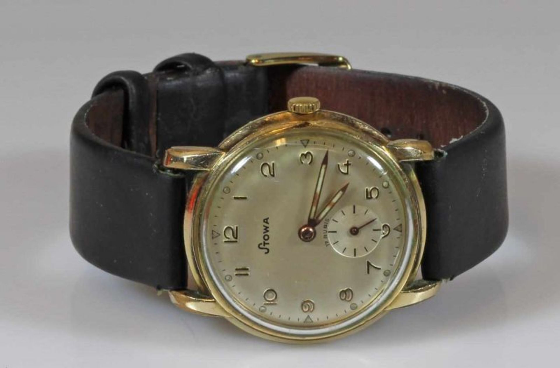 Herrenarmbanduhr, "Stowa", 1950er Jahre, Handaufzug, Walzgold-Doublé, Edelstahlboden, silberfarbenes - Image 2 of 3