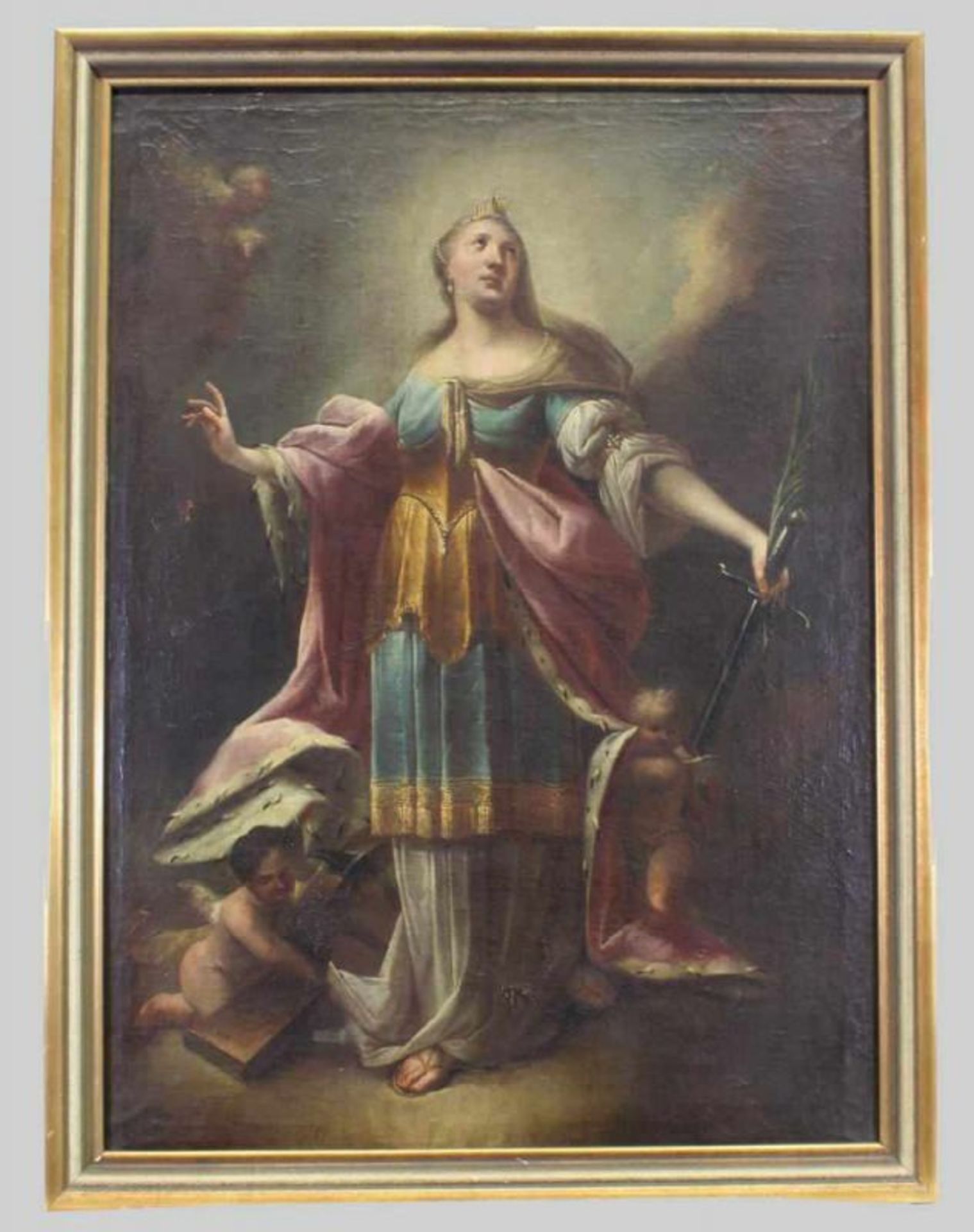 Sakralmaler (18. Jh.), "Heilige Katharina", Öl auf Leinwand, 116 x 83 cm, kleine Beschädigungen in - Image 2 of 3