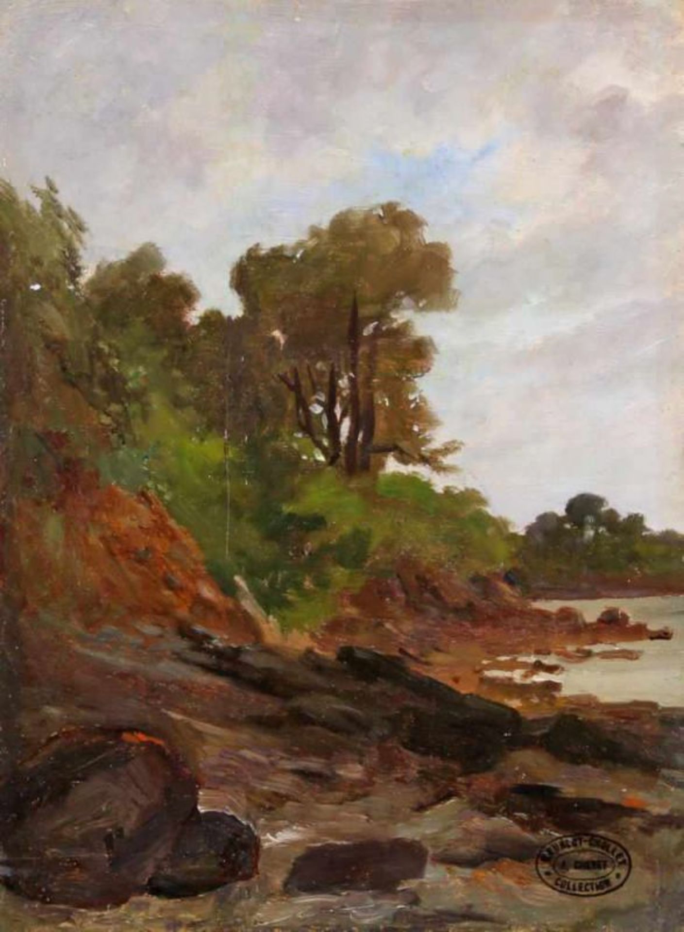 Französischer Maler (2. Hälfte 19. Jh.), "Baumbestandenes Flussufer", Öl auf Papier, auf Holz, unten