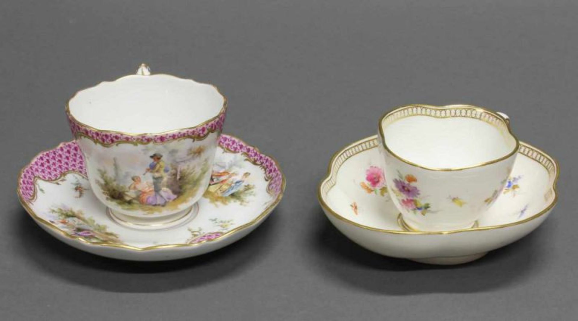 Kaffeetasse mit Untertasse, Meissen, Schwertermarke, 1850-1924, 2. Wahl, Figurenmalerei nach