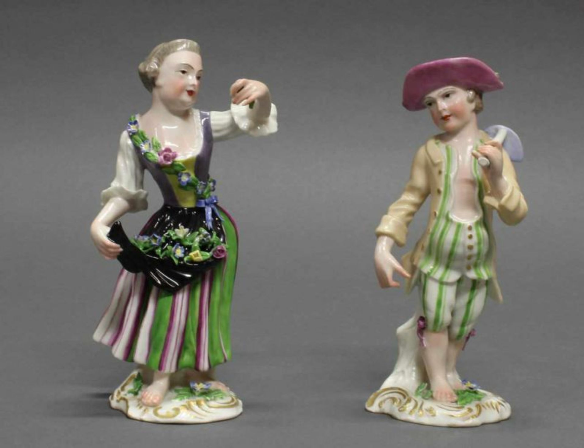 2 Porzellanfiguren, "Gärtner" und "Gärtnerin", Fürstenberg, 19. Jh., polychrom und goldstaffiert, 14