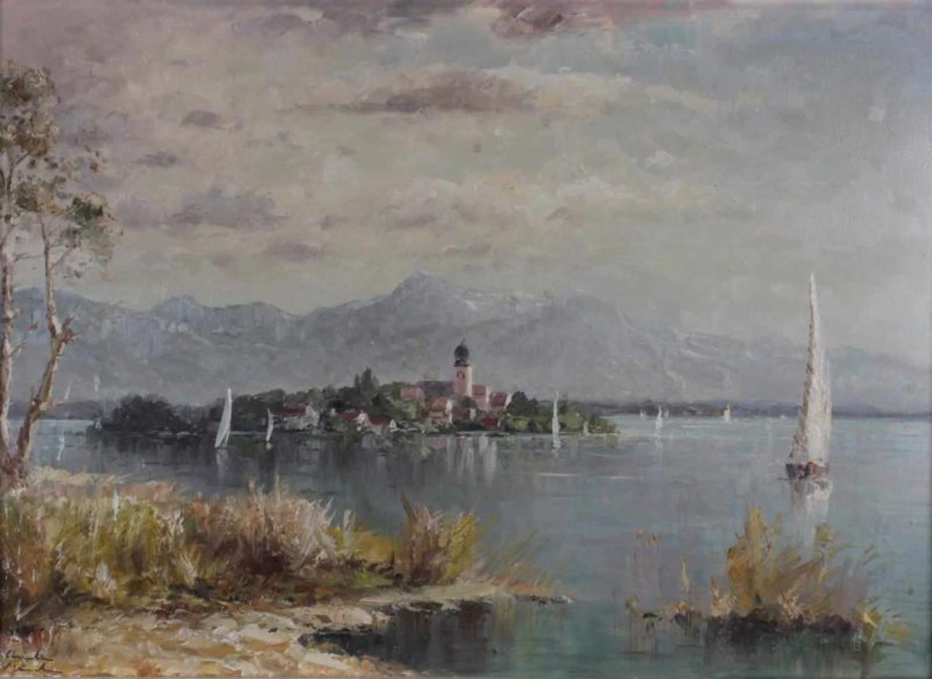 Winter, F. (20. Jh.), "Blick auf den Chiemsee", Öl auf Leinwand, signiert unten links F. Winter