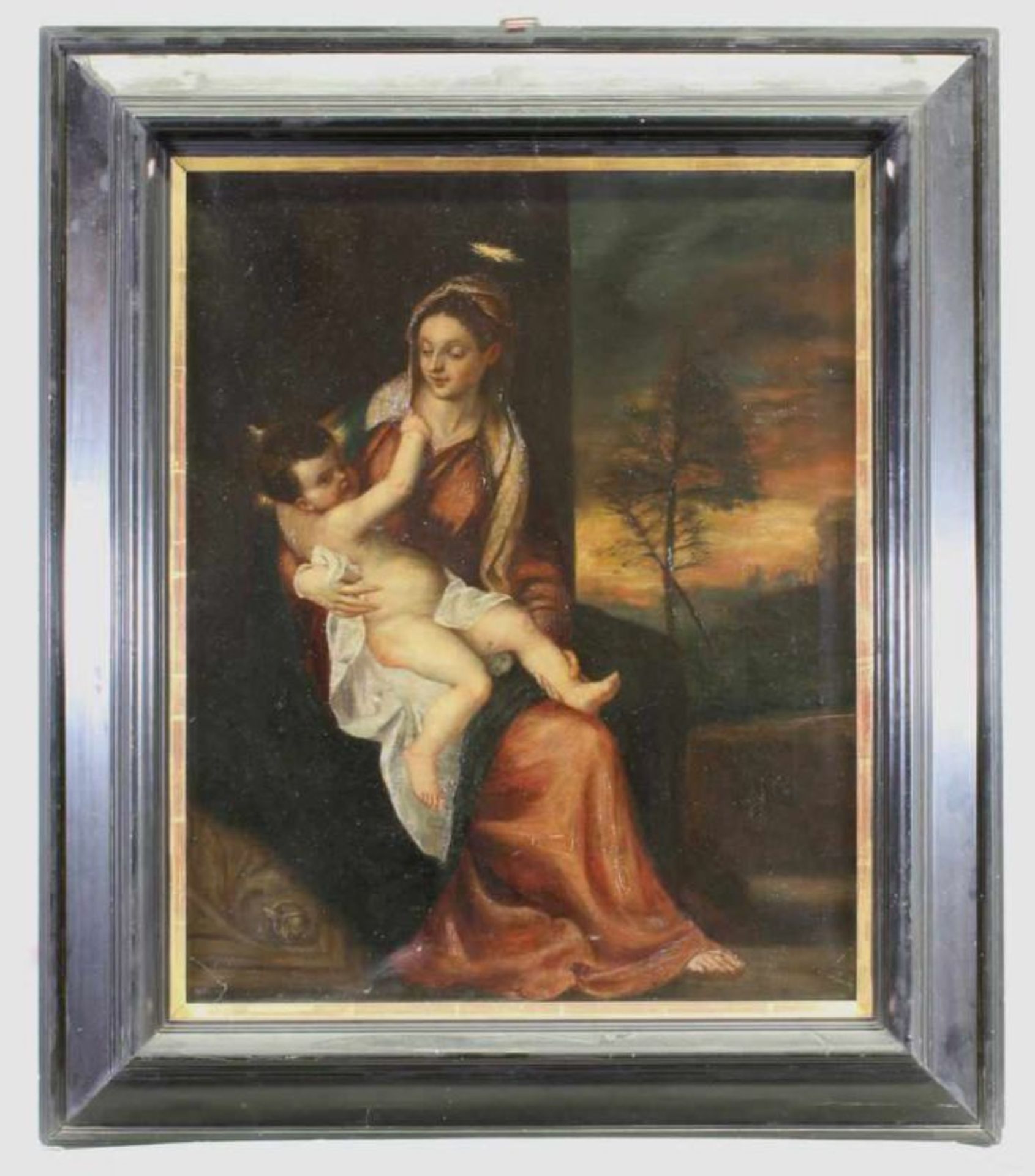 Kopist (Ende 19. Jh.), "Maria mit Kind", Öl auf Leinwand, nach Tizian, verso bezeichnet und - Image 2 of 3