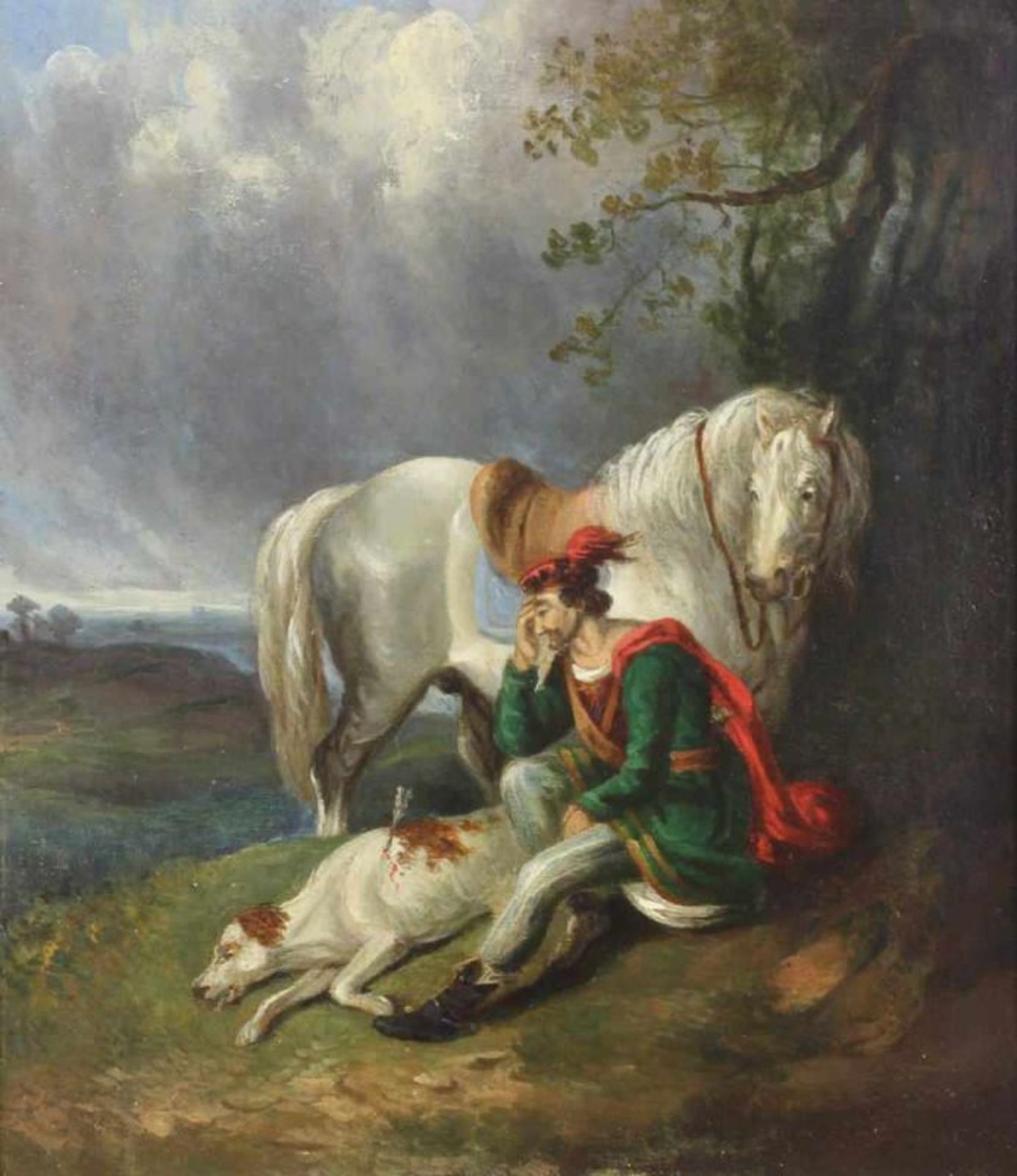 Unbekannter Maler (18./19. Jh.), "Trauernder Ritter mit Pferd und Hund", Öl auf Holz, 30 x 26 cm