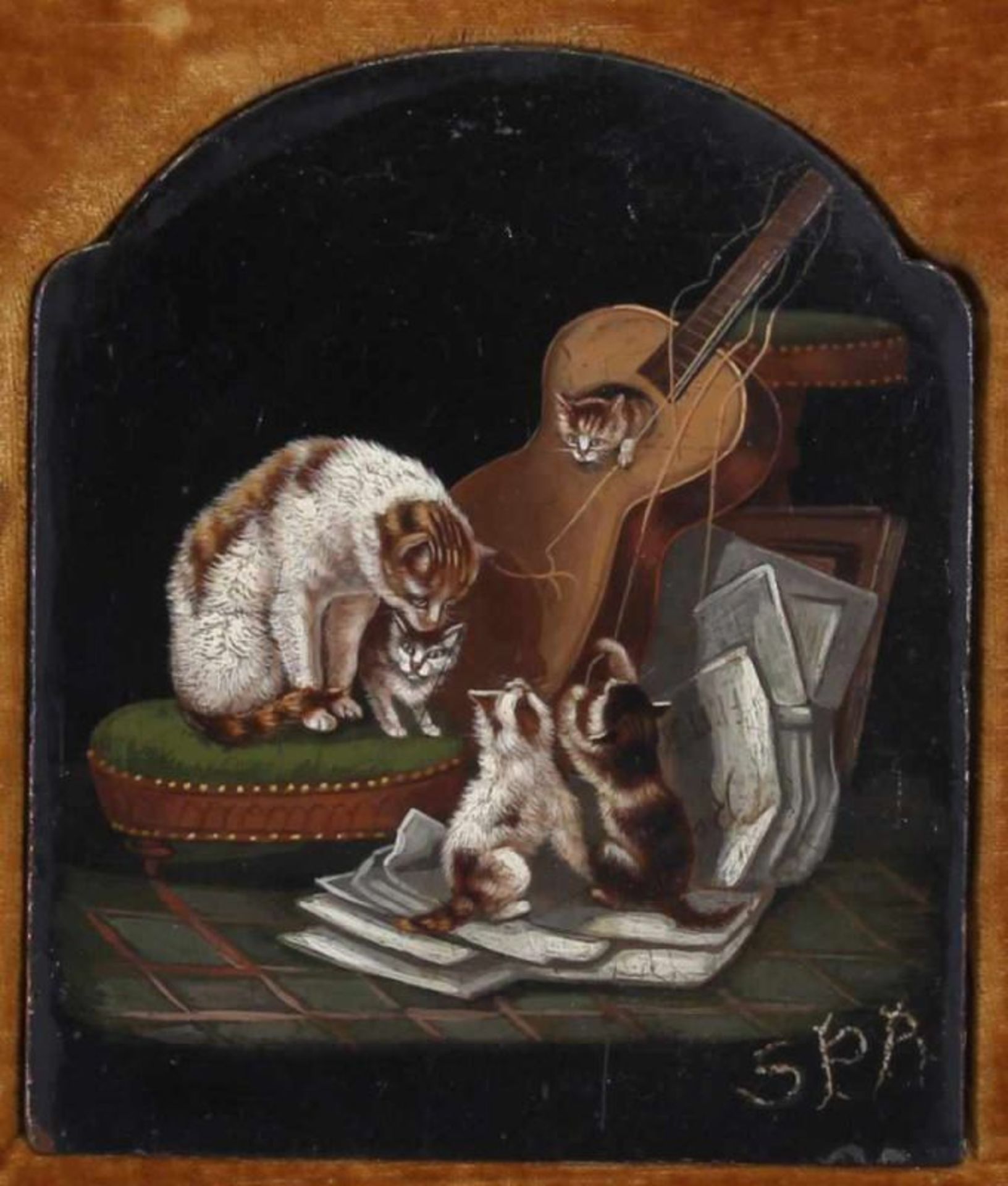 Monogrammist (19./20. Jh.), Pendants, "Spielende Katzen", Öl auf Holz, 1x monogrammiert SPR, je 16 x