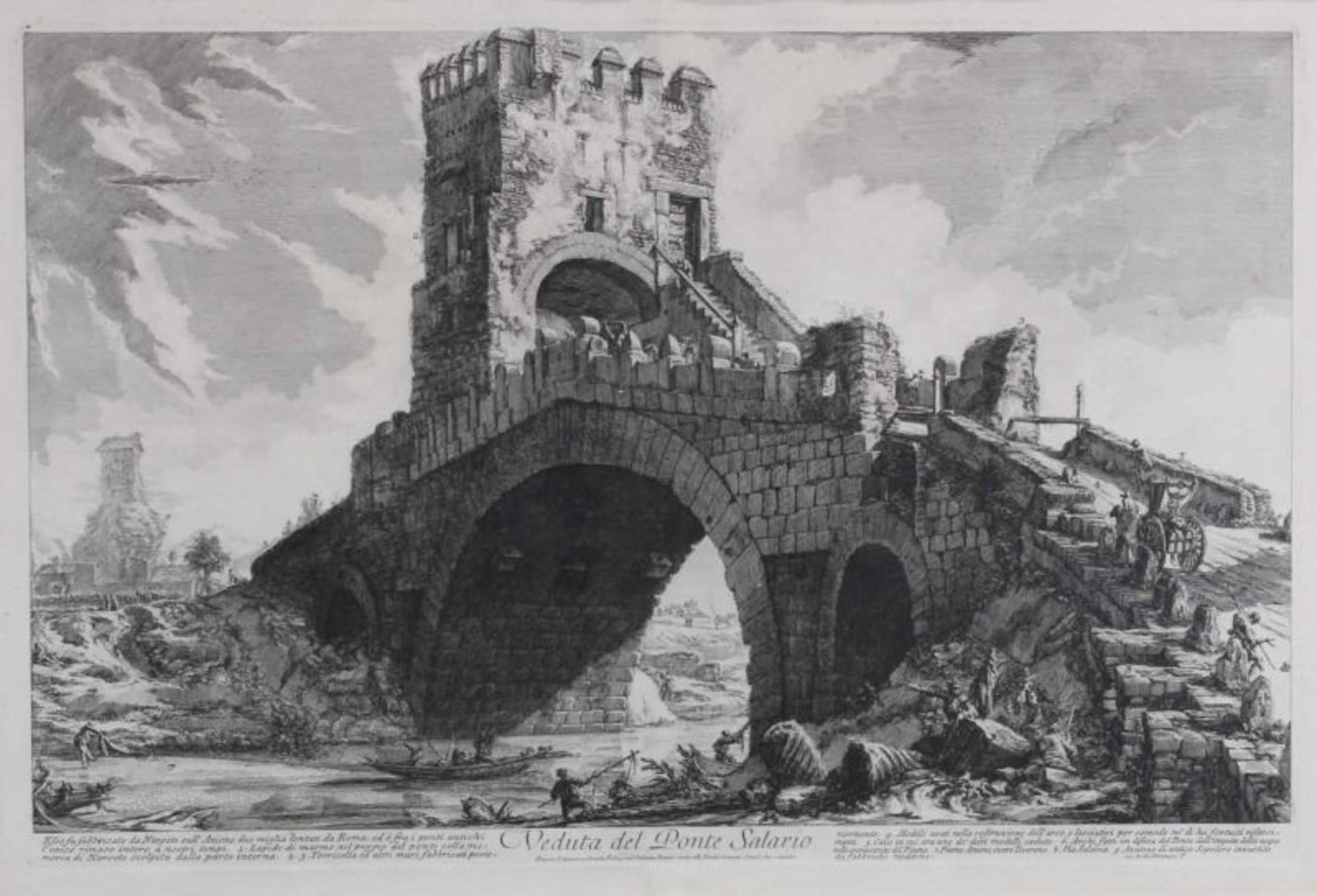 Radierung, "Veduta del Ponte Salario", G.B. Piranesi, 40 x 61 cm, leicht fleckig, späterer Abzug von