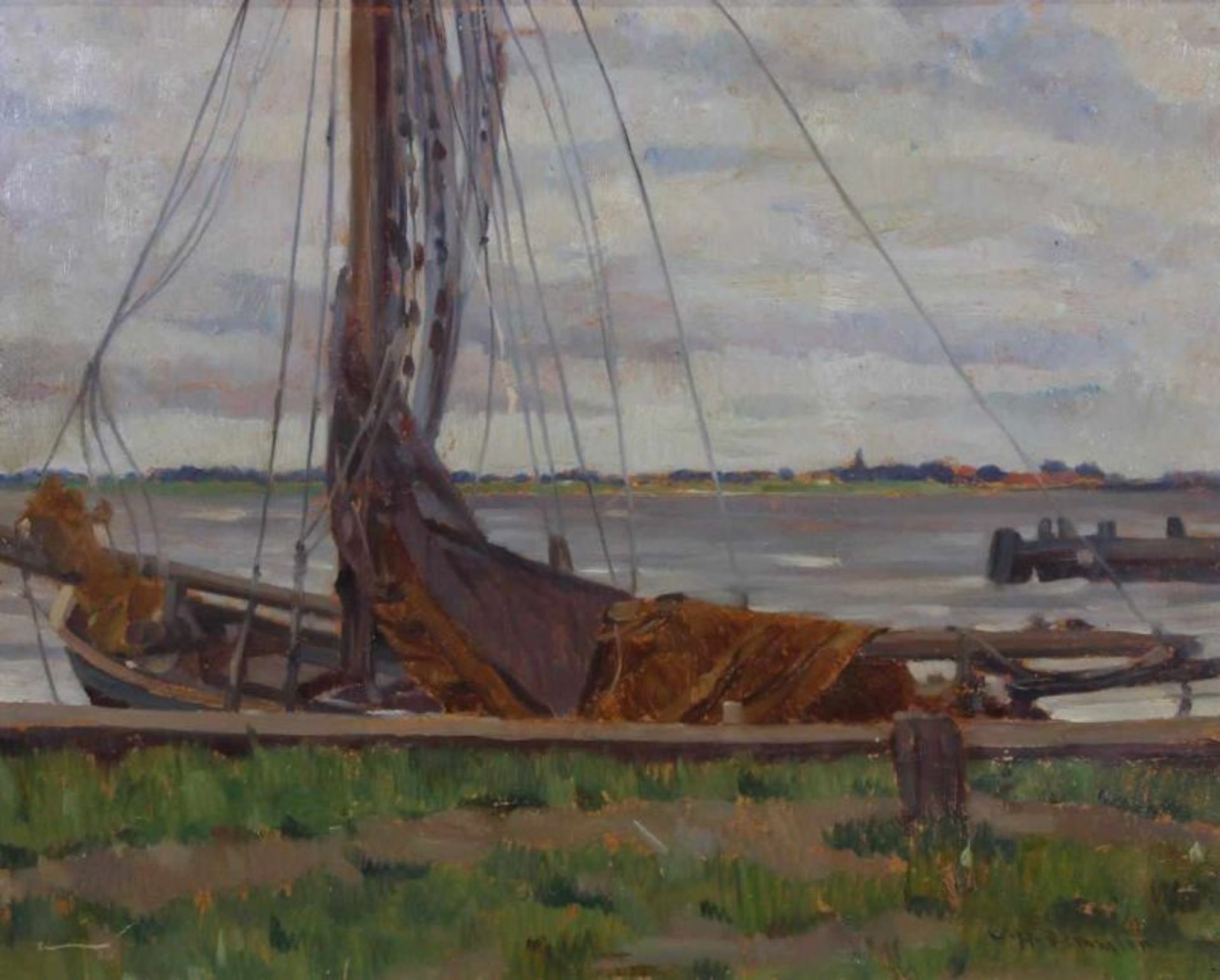 Demmler, Willy Hugo (1887 - 1954), "Schiff am Niederrhein", Öl auf Pappe, signiert unten rechts W.H.