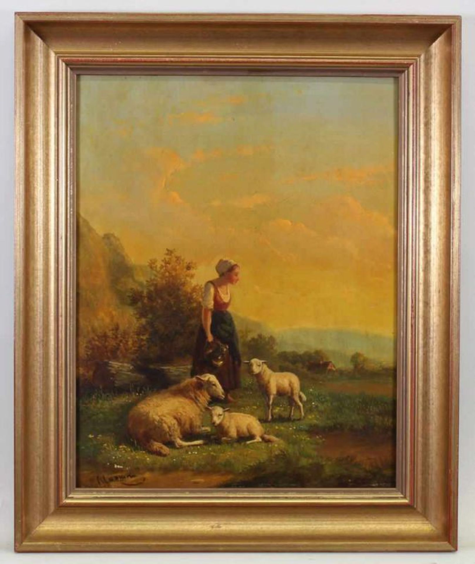 Coomans, Auguste (1855 - 1896, Genre- und Tiermaler), "Mädchen mit Schafen in weiter Landschaft", Öl - Image 2 of 4