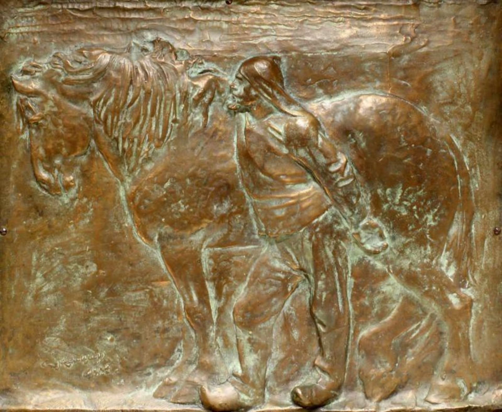 Bronzerelief, "Le Port d'Anver", Darstellung eines Hafenarbeiters mit Pferd, bezeichnet und