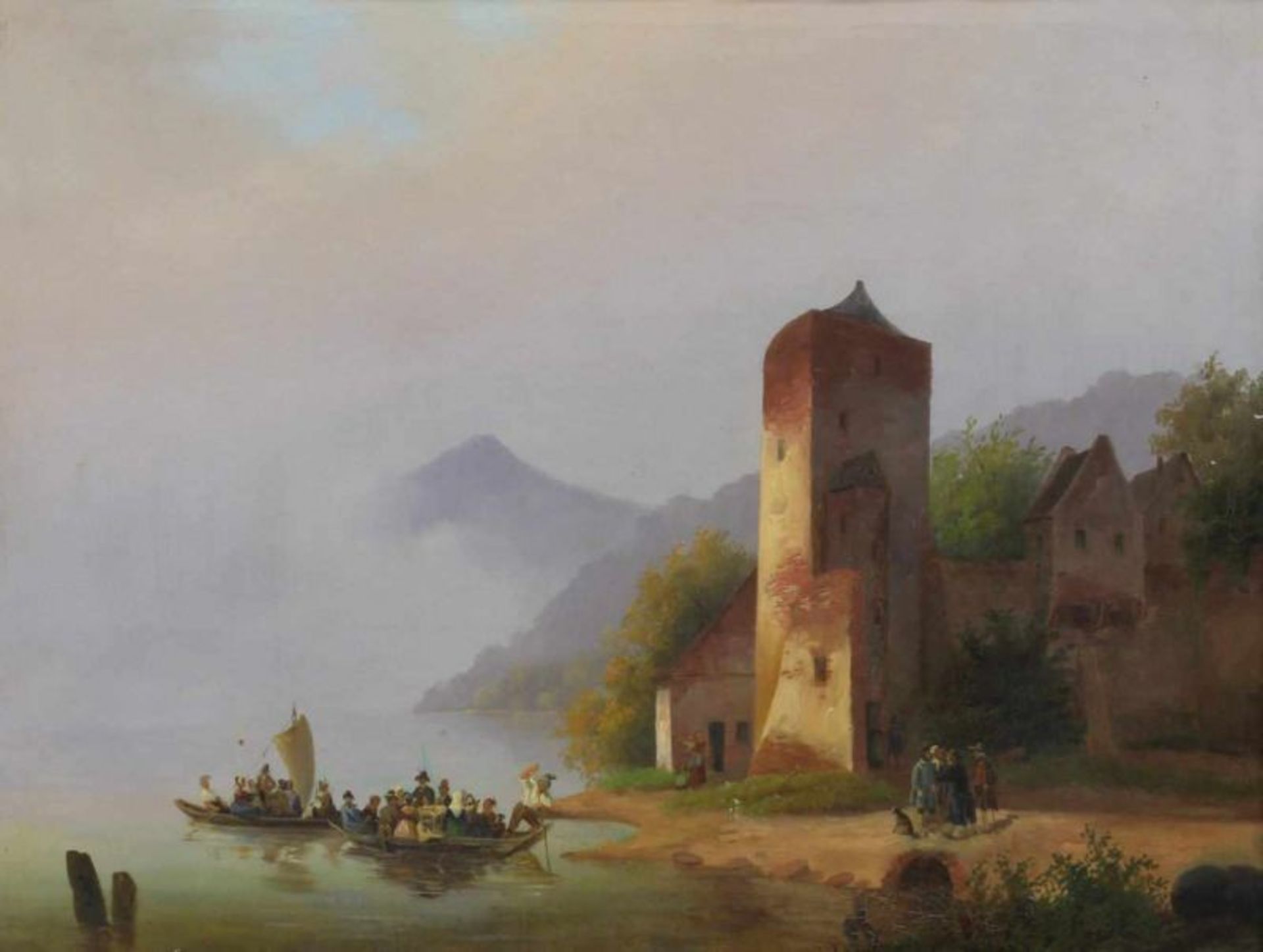 Unbekannter Maler (19. Jh.), "Fährboote auf einem Bergsee", Öl auf Leinwand, 35 x 46 cm, alter