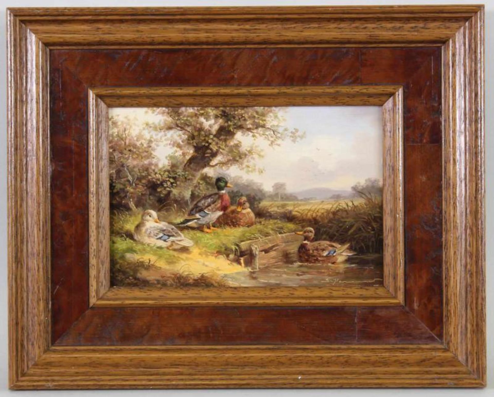 Deutscher Tiermaler (Mitte 20. Jh.), "Enten am Wehr", Öl auf Holz, Ritzsignatur unten rechts nicht - Image 2 of 4