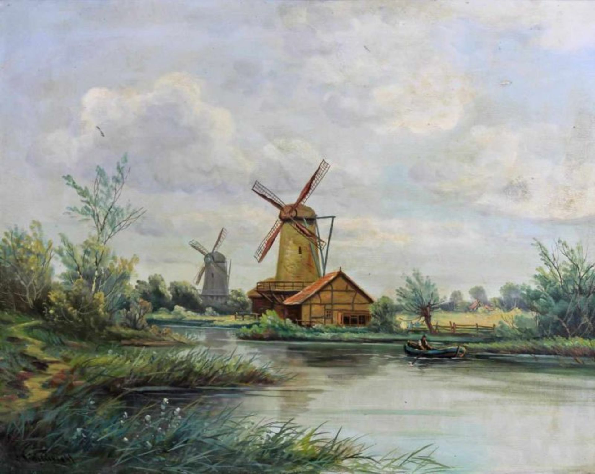 Heydendahl, ?.A. (20. Jh.), "Windmühlen in Niederrheinlandschaft", Öl auf Leinwand, signiert unten