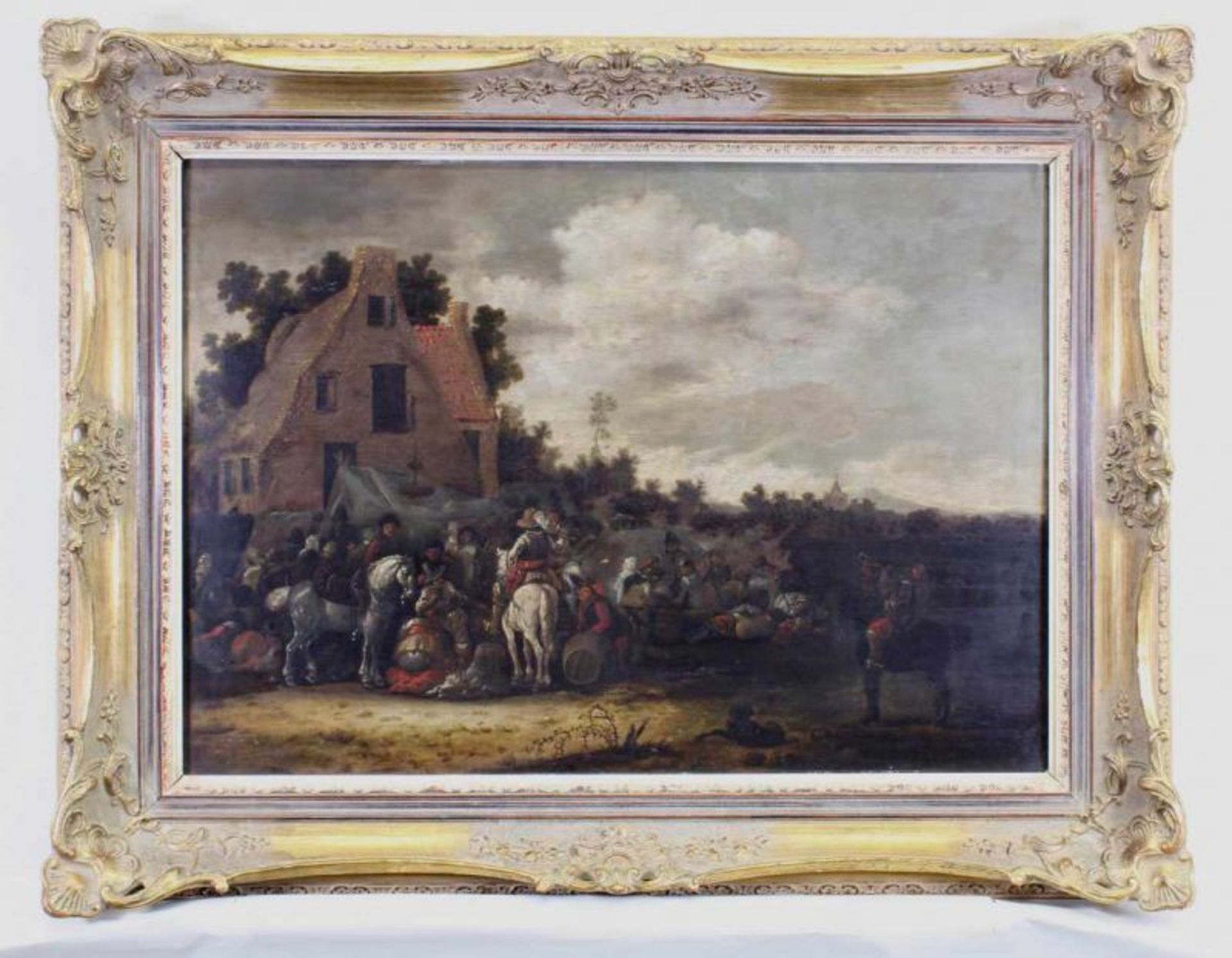 Wouwermans, Philips (1619 - 1668), Nachfolge, "Reitergelage vor einem Haus", Öl auf Holz, 54 x 70. - Image 2 of 3