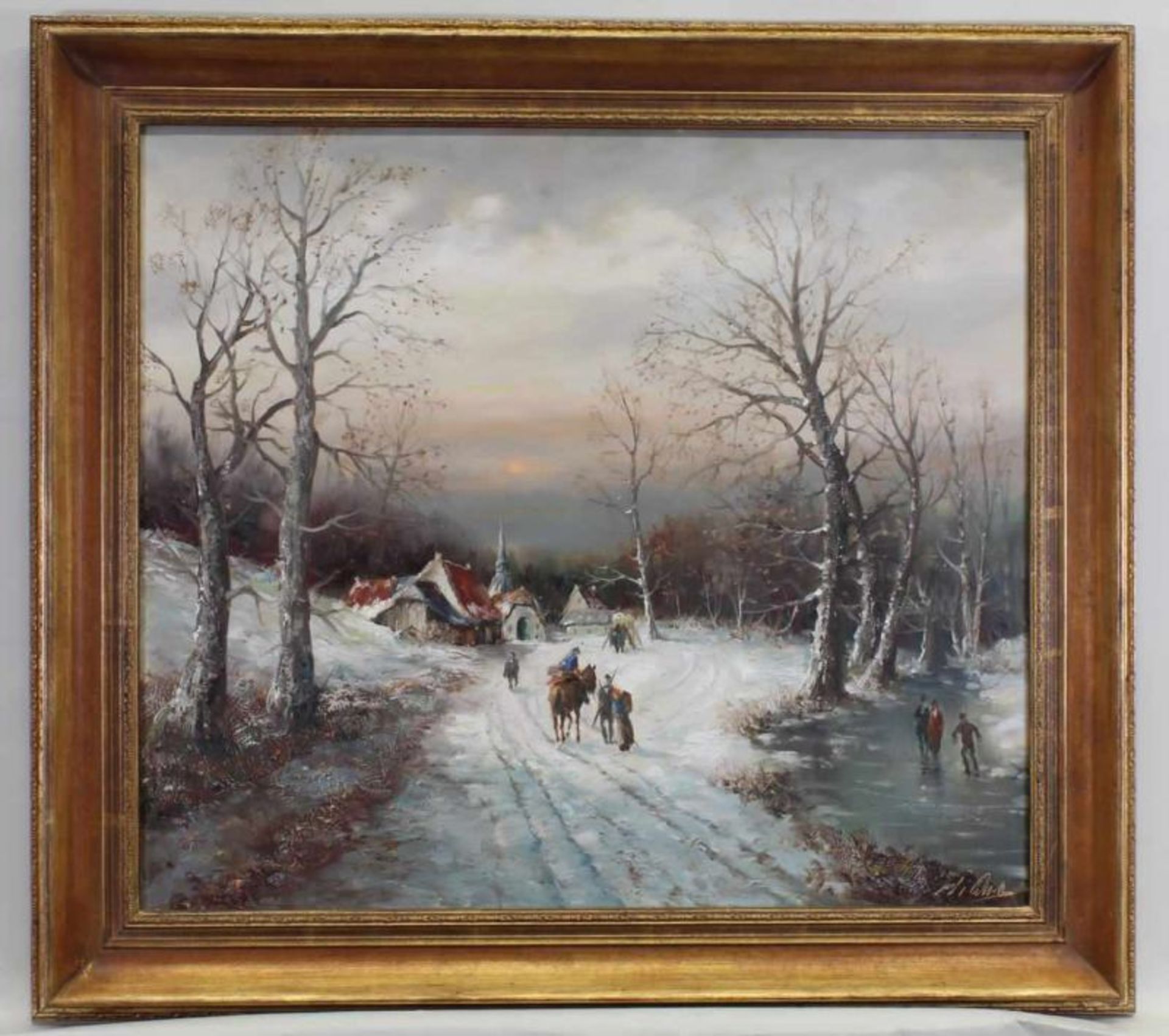 Undeutlich signiert (20. Jh.), "Winter vor dem Dorf", Öl auf Leinwand, undeutlich signiert unten - Image 2 of 4