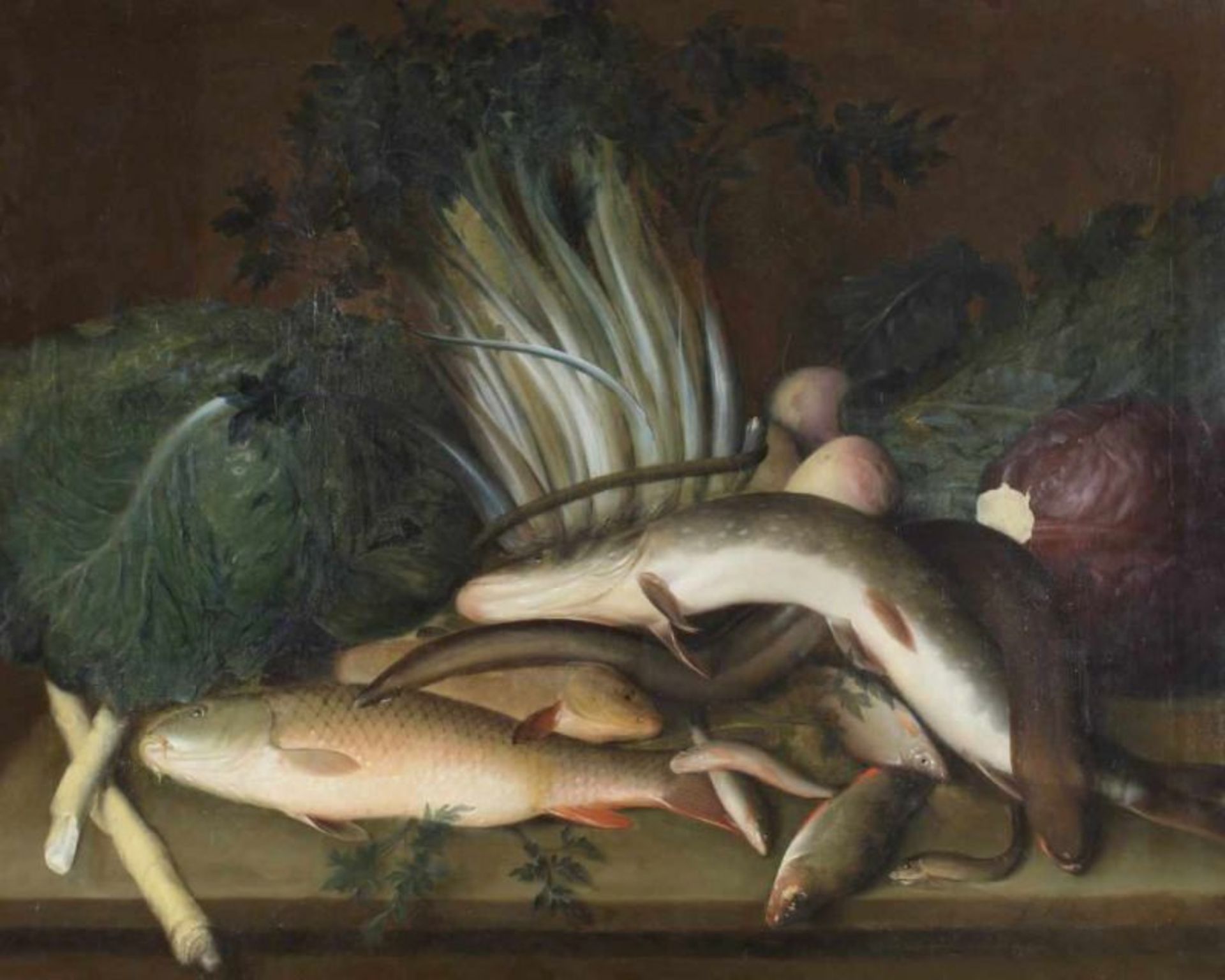 Hübner, L. (19. Jh.), "Stillleben mit Fischen", Öl auf Leinwand, signiert unten rechts L. Hübner, 73