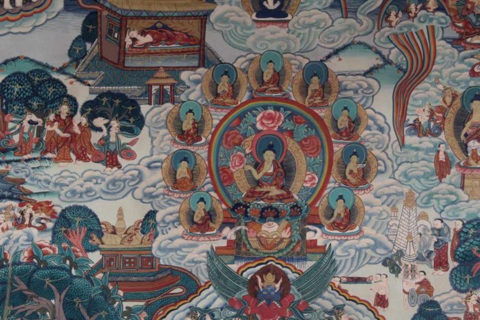 Thangka, "Die zwölf großen Taten des Buddha", Nepal, 20. Jh., Farbe mit Gold auf Leinwand, 78 x 55.5 - Image 4 of 4