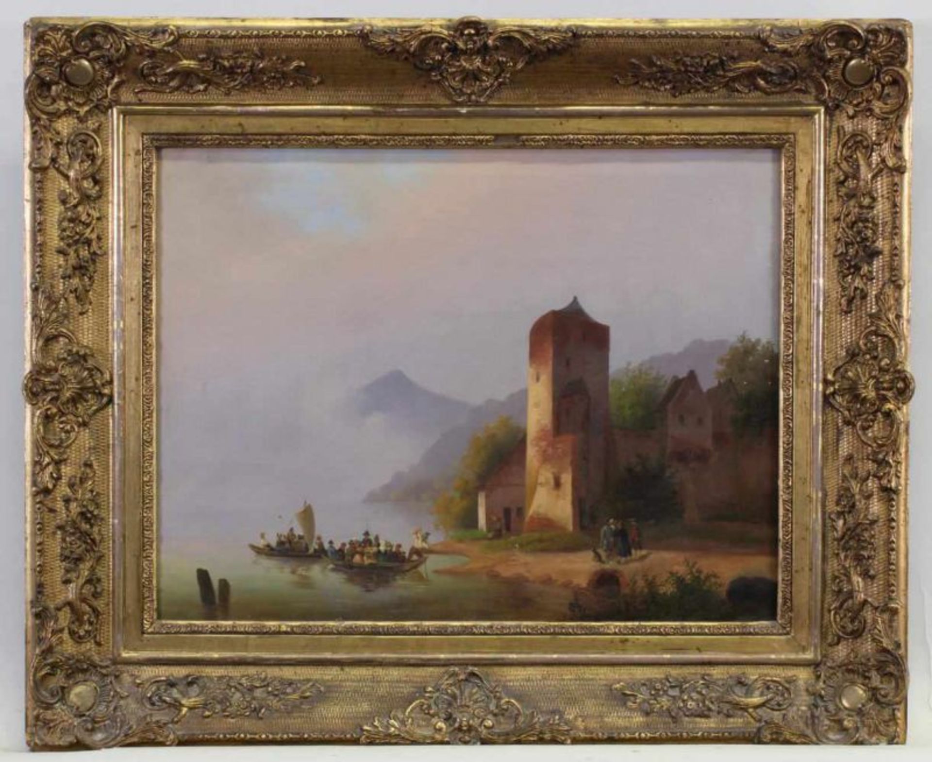 Unbekannter Maler (19. Jh.), "Fährboote auf einem Bergsee", Öl auf Leinwand, 35 x 46 cm, alter - Image 2 of 3