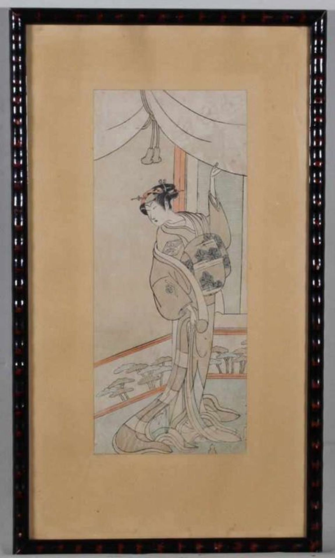 Holzschnitt, "Schöne Dame unter Vorhang", Japan, um 1900, 28.5 x 12 cm (P.a.), unter Glas gerahmt; - Image 2 of 6