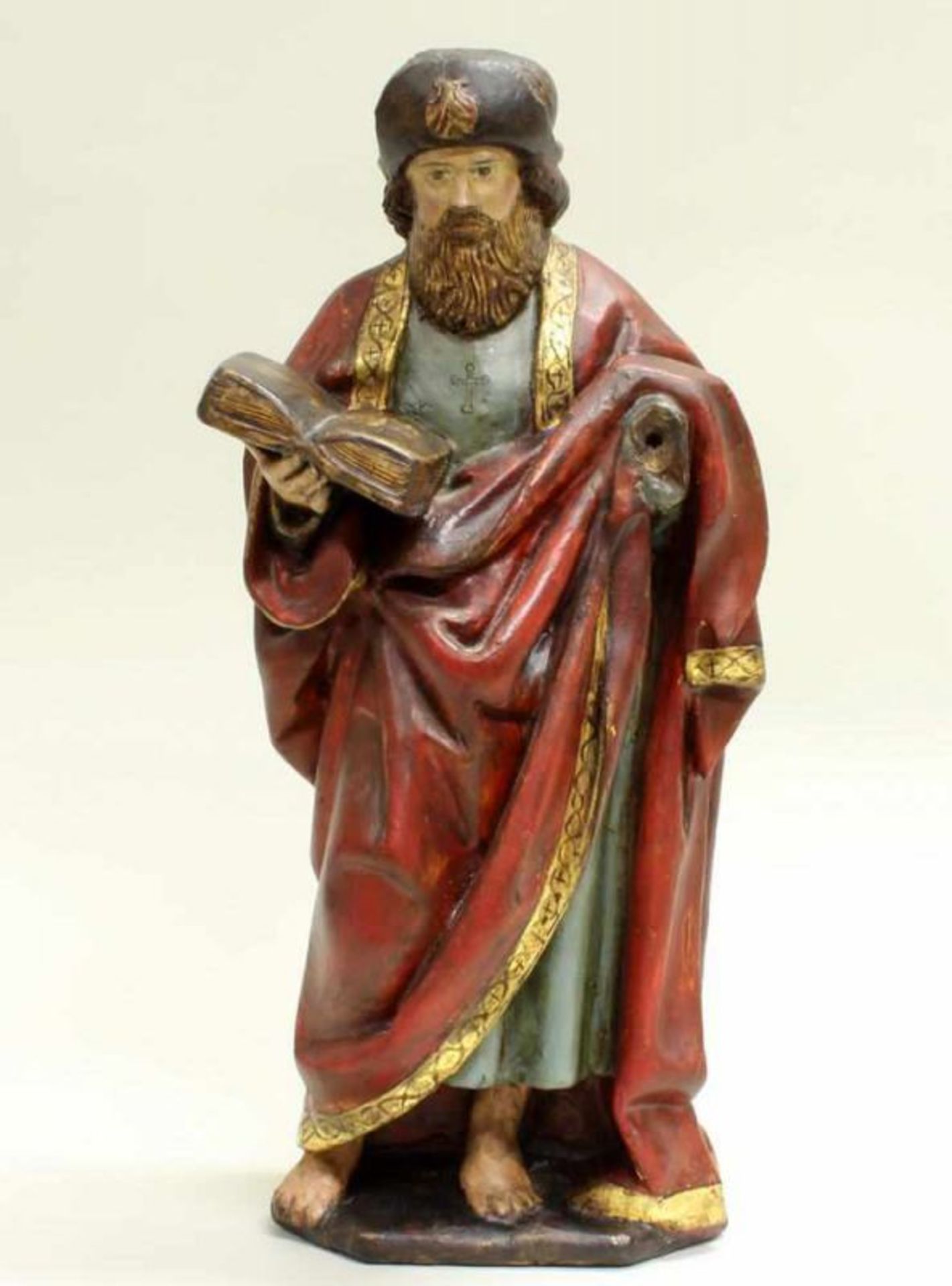 Skulptur, Holz geschnitzt, gefasst, "Hl. Jakob", Nussbaum, 16. Jh., rückseitig gehöhlt, 43 cm