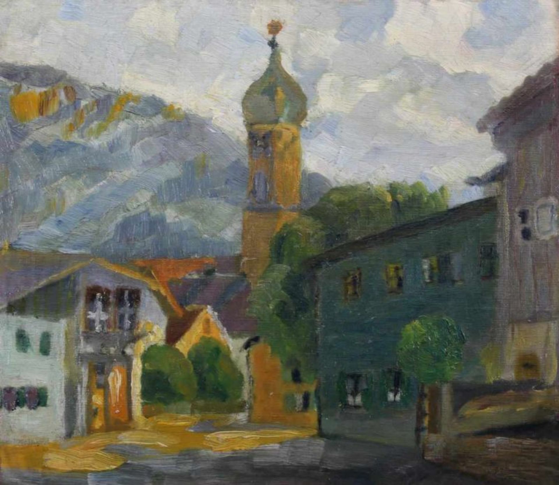 Monogrammist (tätig um 1920), "Stadtansicht von Ehrwald", Öl auf Leinwand, auf Karton, monogrammiert