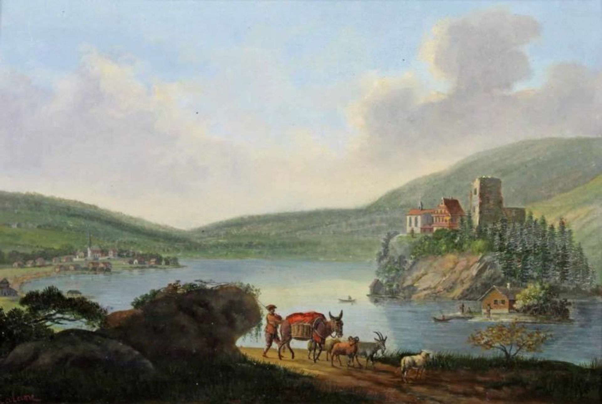 Unbekannter Maler (19. Jh.), "Blick auf den Lauerzersee mit Insel Schwanau", Öl auf Holz, Signatur