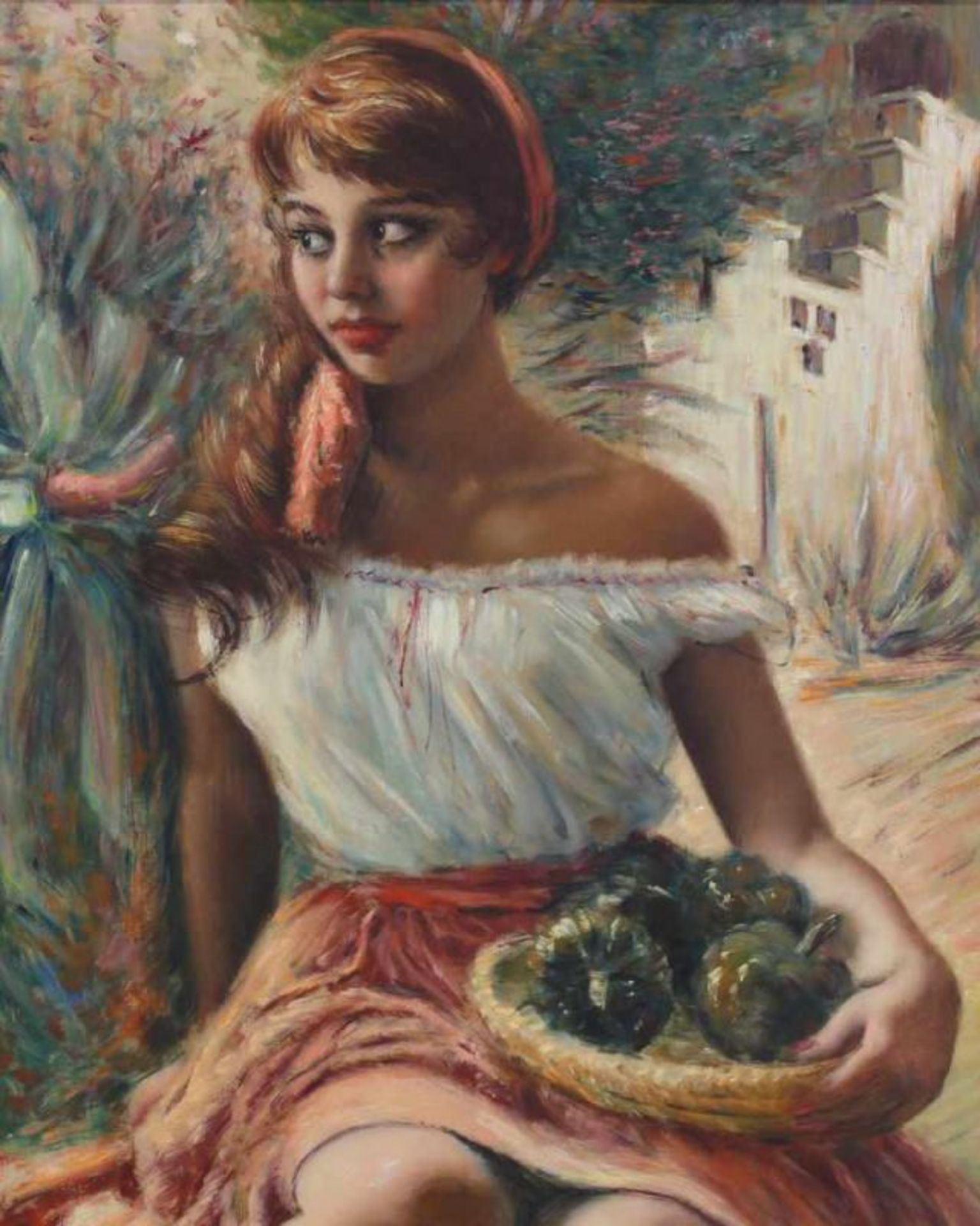 Genremaler (20. Jh.), "Junge Frau mit Obstschale", Öl auf Leinwand, 60 x 50 cm 20.00 % buyer's
