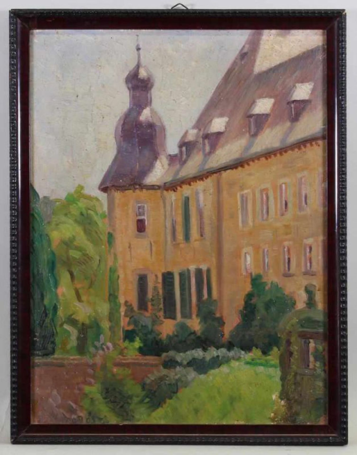 Undeutlich signiert (19./20. Jh.), "Schloss Dyck bei Jüchen", Öl auf Leinwand, auf Karton, - Image 2 of 3