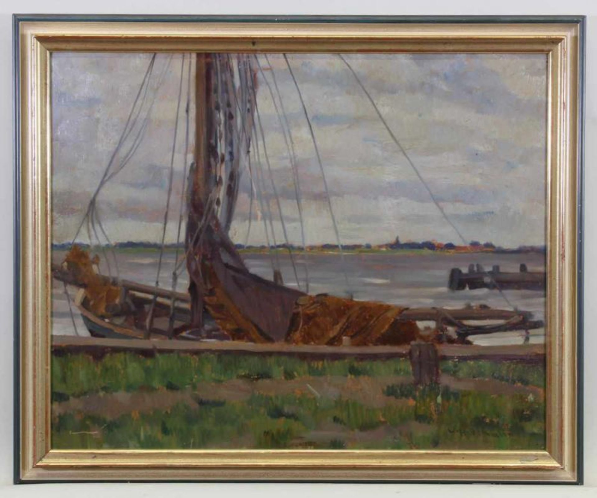 Demmler, Willy Hugo (1887 - 1954), "Schiff am Niederrhein", Öl auf Pappe, signiert unten rechts W.H. - Image 2 of 3