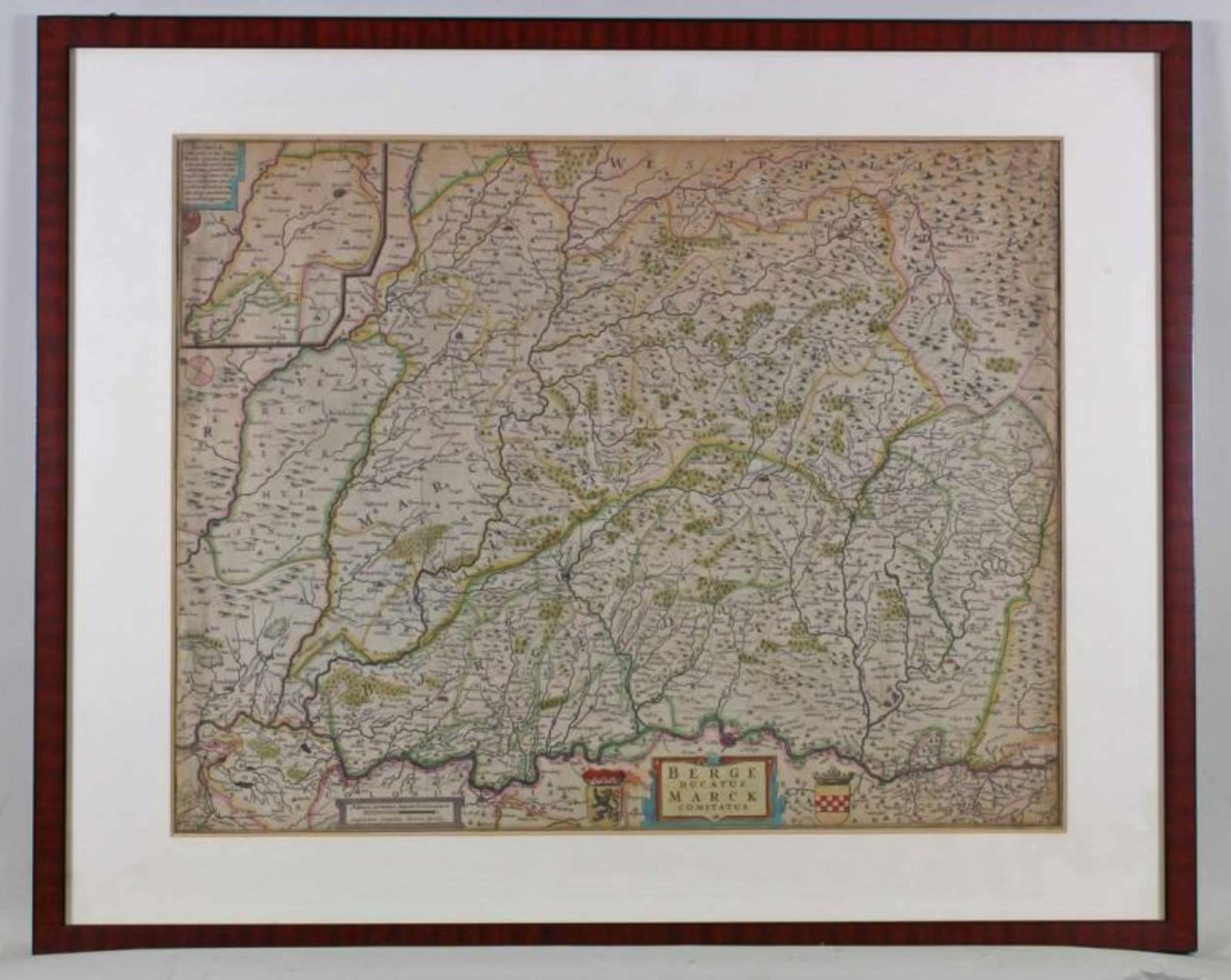 Teilkolorierte Kupferstichkarte, "Berge Ducatus Marck", Henricus Hondius, ca. 44 x 55 cm, - Image 2 of 2