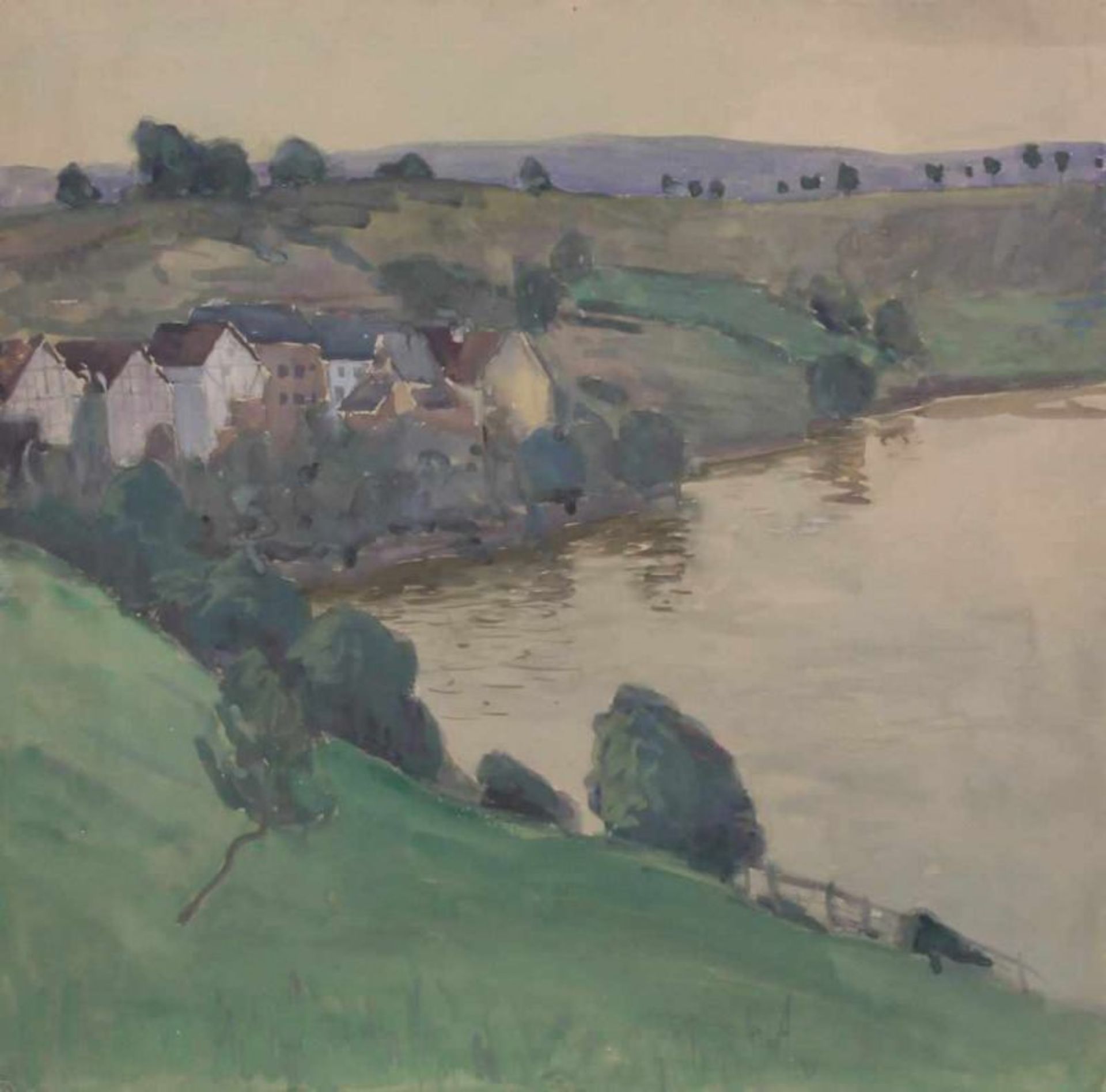 Moll, Oskar (1875 Brieg/Schlesien - 1947 Berlin), wohl, Aquarell, "Dorf am See", verso auf dem