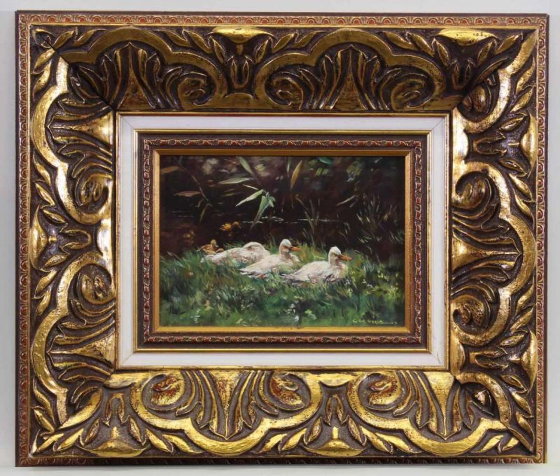 Hoog, C. de (20. Jh.), "Enten am Wasser", Öl auf Leinwand, signiert unten C. de Hoog, 13 x 18 cm, - Image 2 of 4