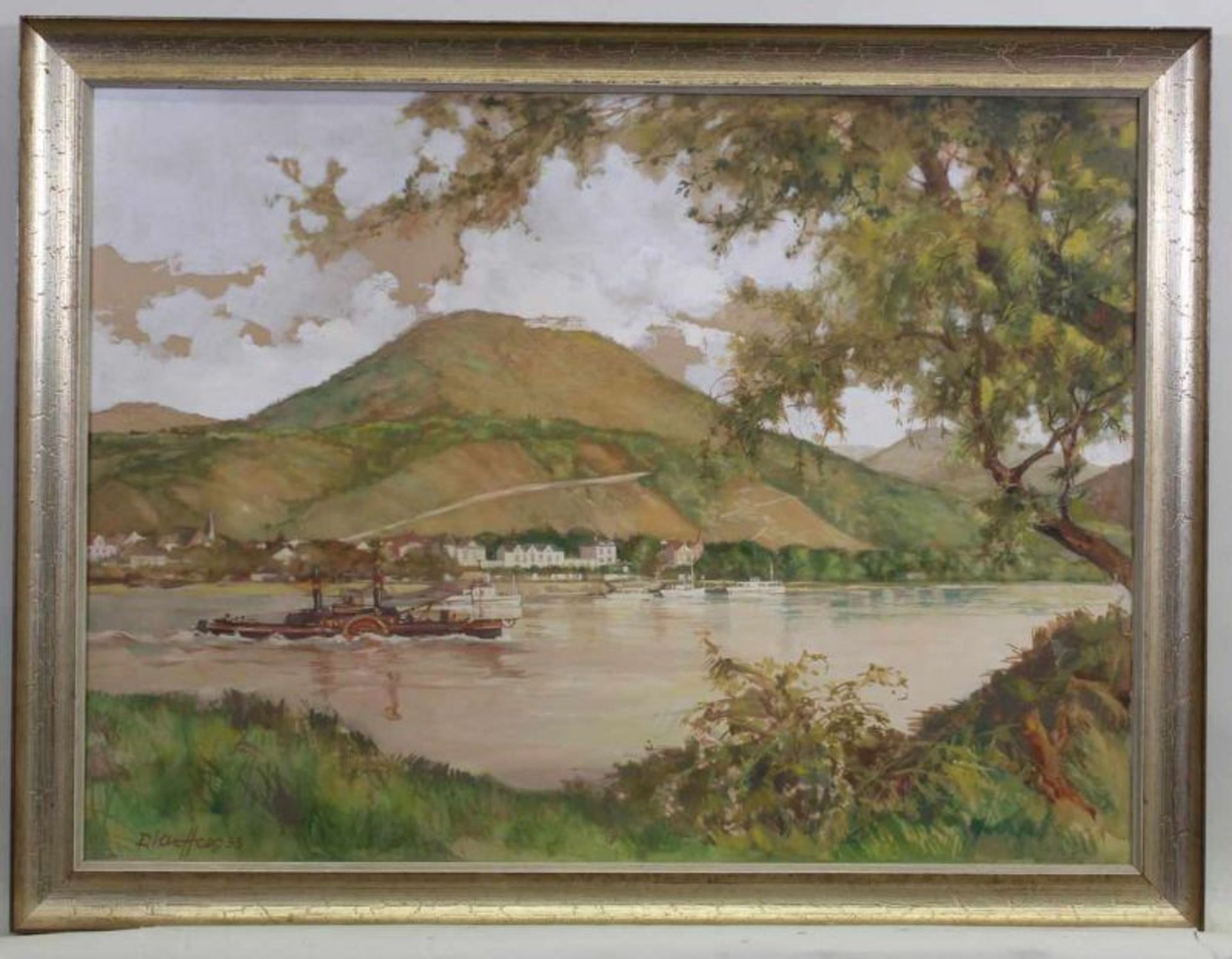 Hees, P. (tätig 1. Hälfte 20. Jh.), Aquarell mit Gouache, "Blick über den Rhein auf den Petersberg", - Image 2 of 3