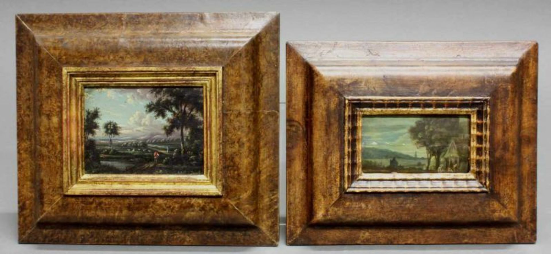 Flämisch bzw. Niederländisch (wohl 17. Jh.), 2 kleine Gemälde, "Landschaften", Öl auf Holz bzw.