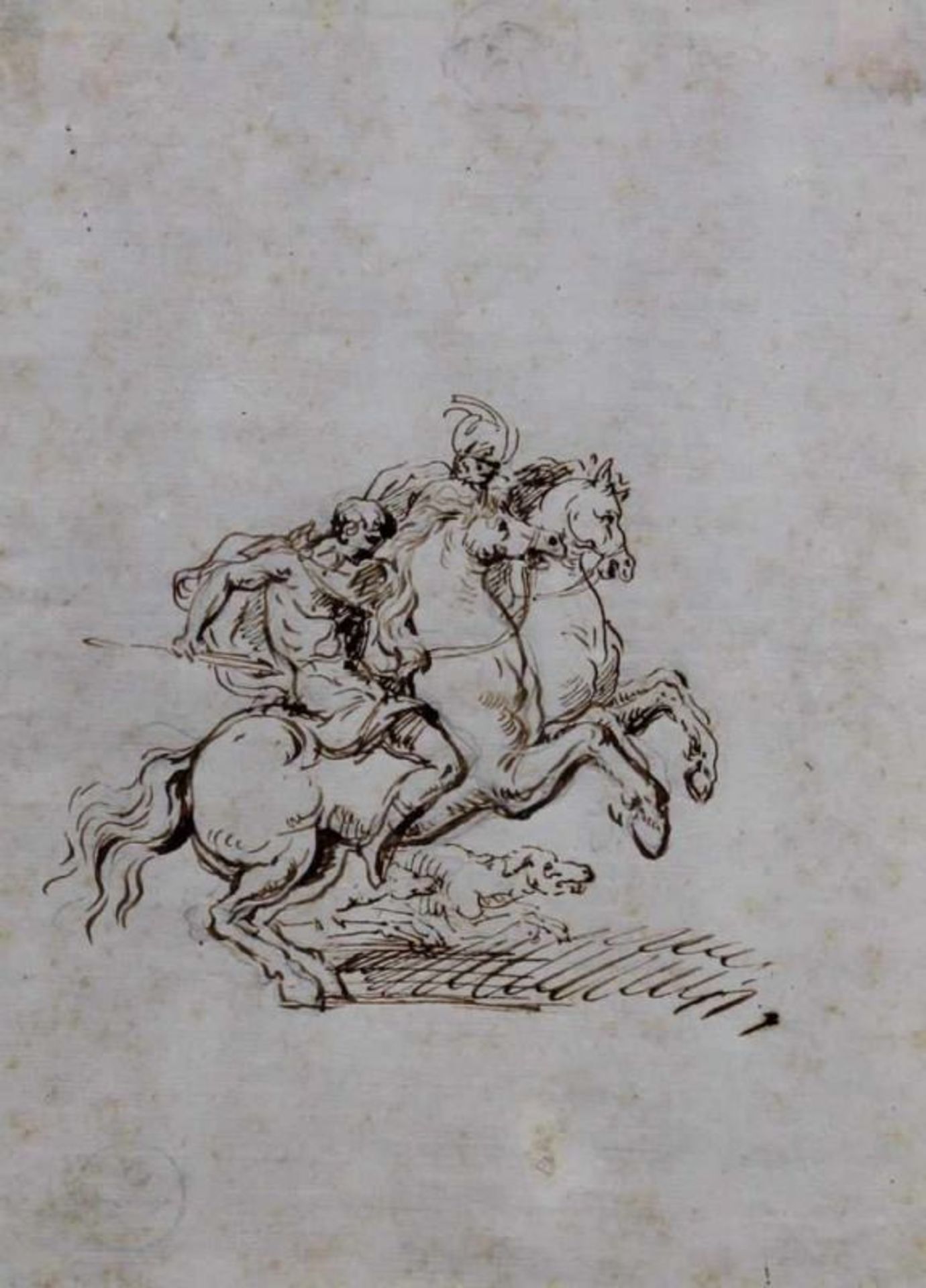Flämisch (17. Jh.), Federzeichnung, "Zwei galoppierende Reiter und zwei hetzende Hunde",