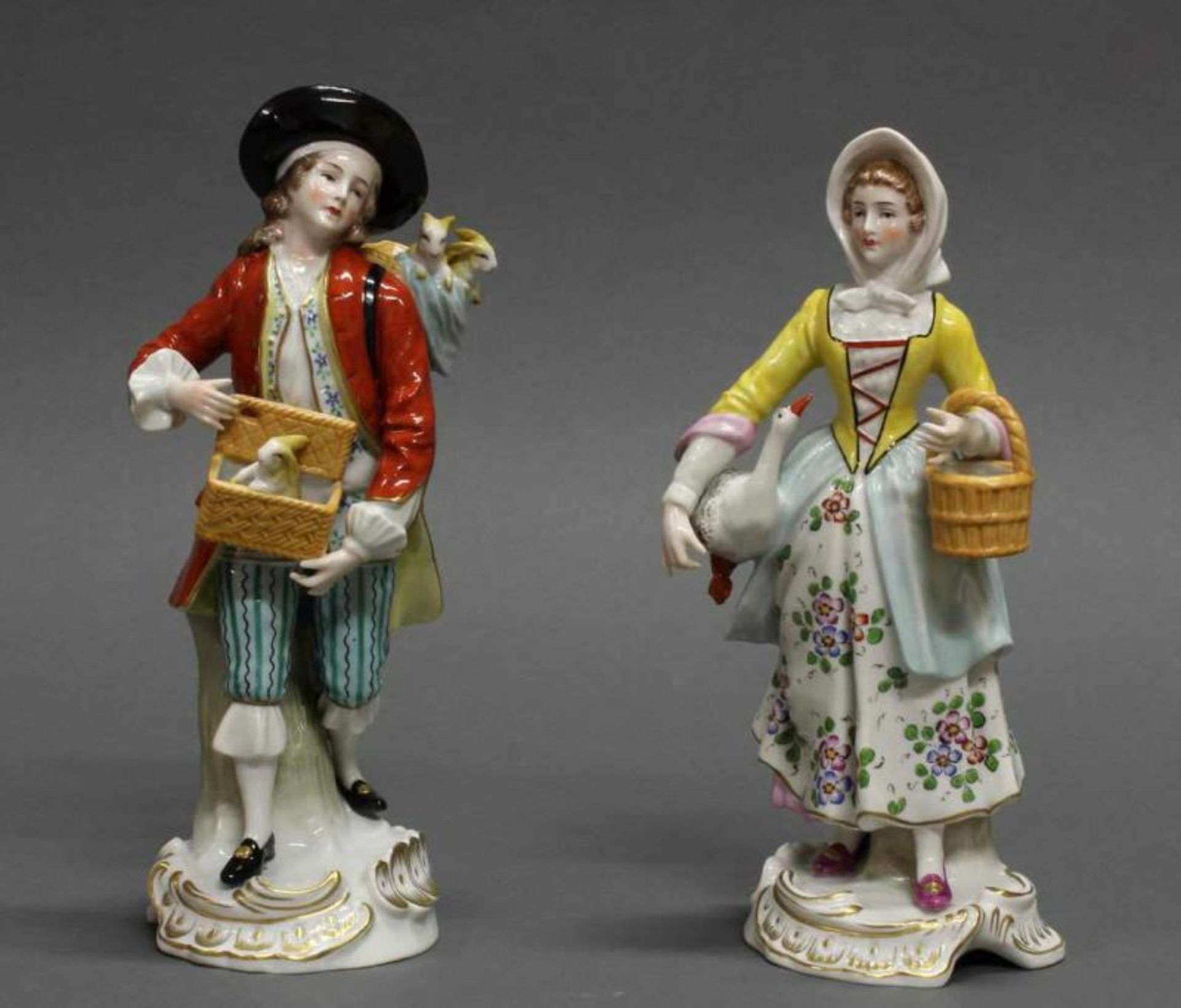 2 Porzellanfiguren, "Marktgängerin mit Gans", "Marktgänger mit Hasen", Sitzendorf, polychrom und