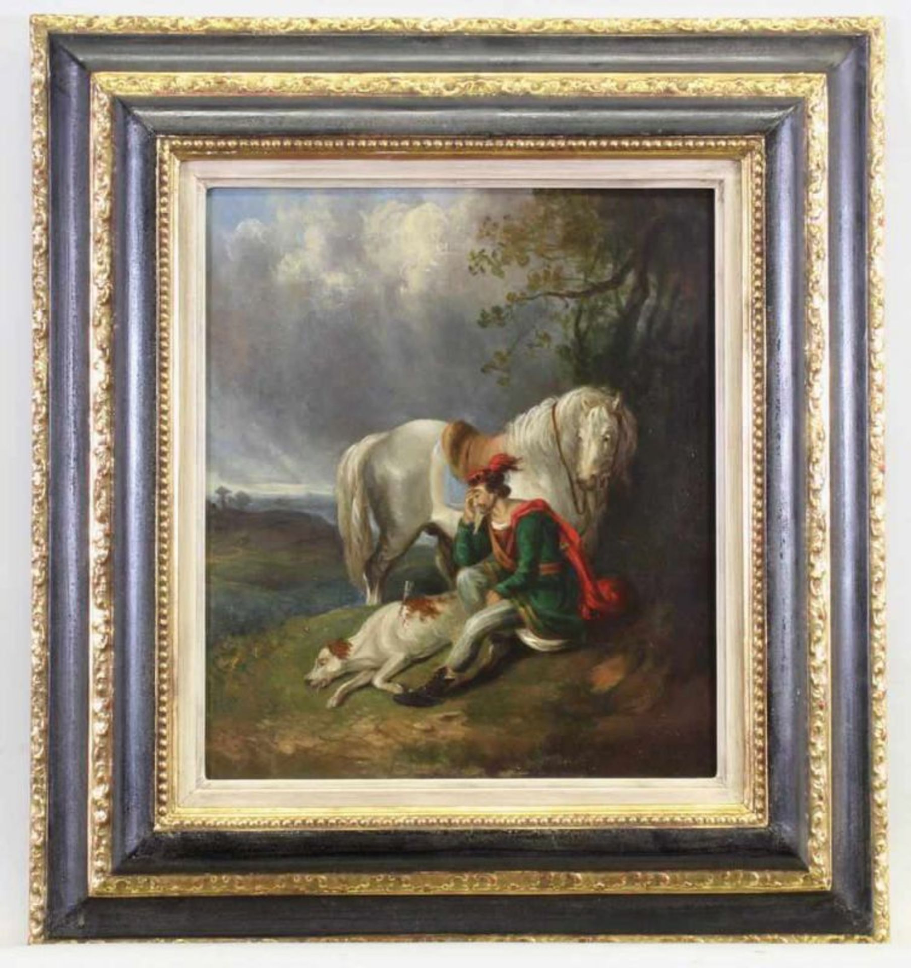 Unbekannter Maler (18./19. Jh.), "Trauernder Ritter mit Pferd und Hund", Öl auf Holz, 30 x 26 cm - Image 2 of 3