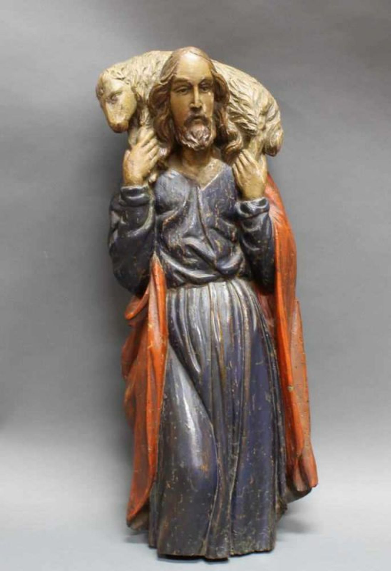 Skulptur, "Jesus mit Lamm", Holz geschnitzt, Ostkirche, osmanisches Reich, 17./18. Jh., 62 cm