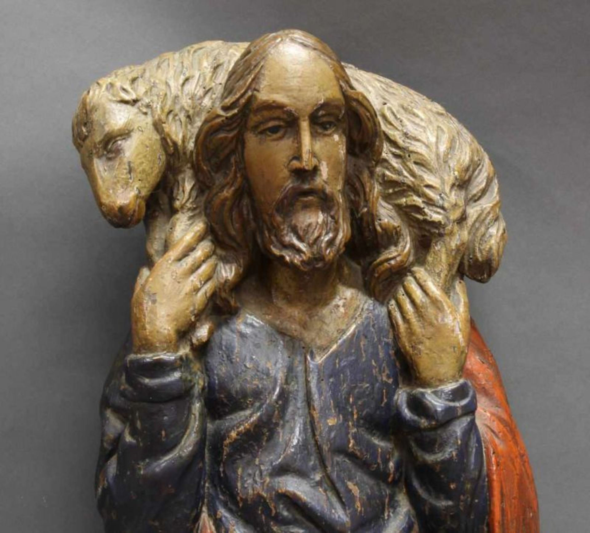 Skulptur, "Jesus mit Lamm", Holz geschnitzt, Ostkirche, osmanisches Reich, 17./18. Jh., 62 cm - Image 2 of 3