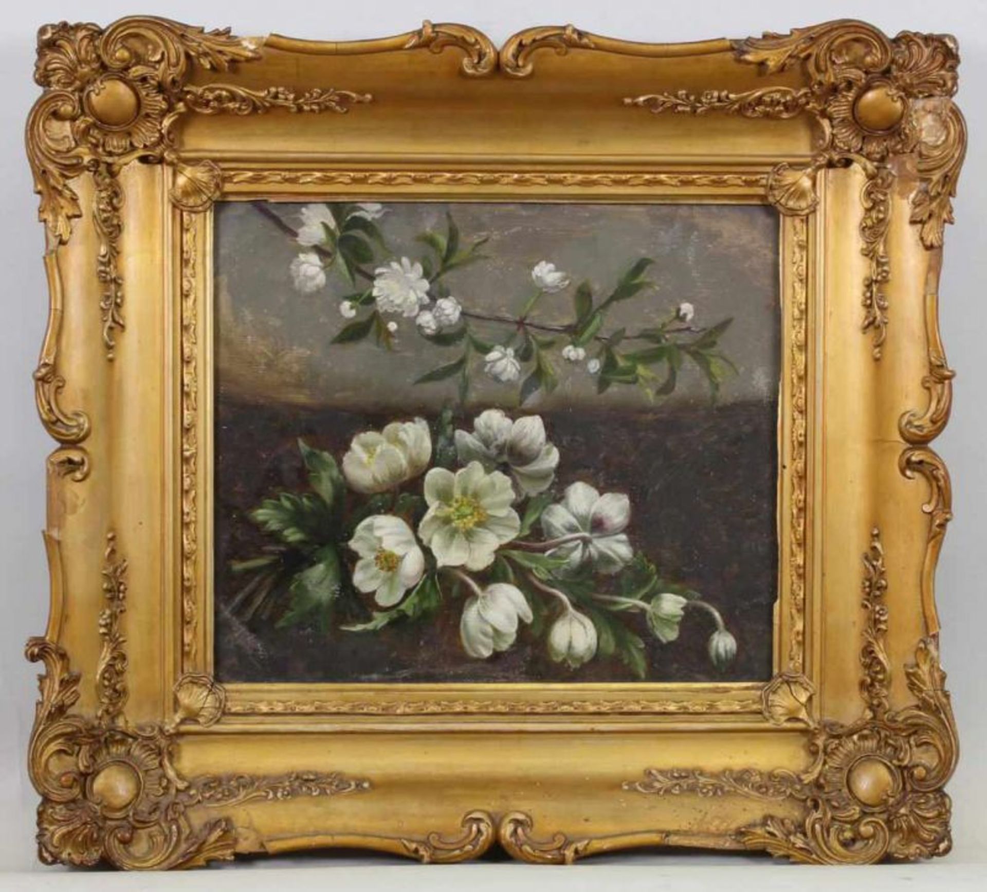 Deutscher Maler (2. Hälfte 19. Jh.,) "Stillleben mit Christrosen und Kirschblüten", Öl auf Leinwand, - Image 2 of 2