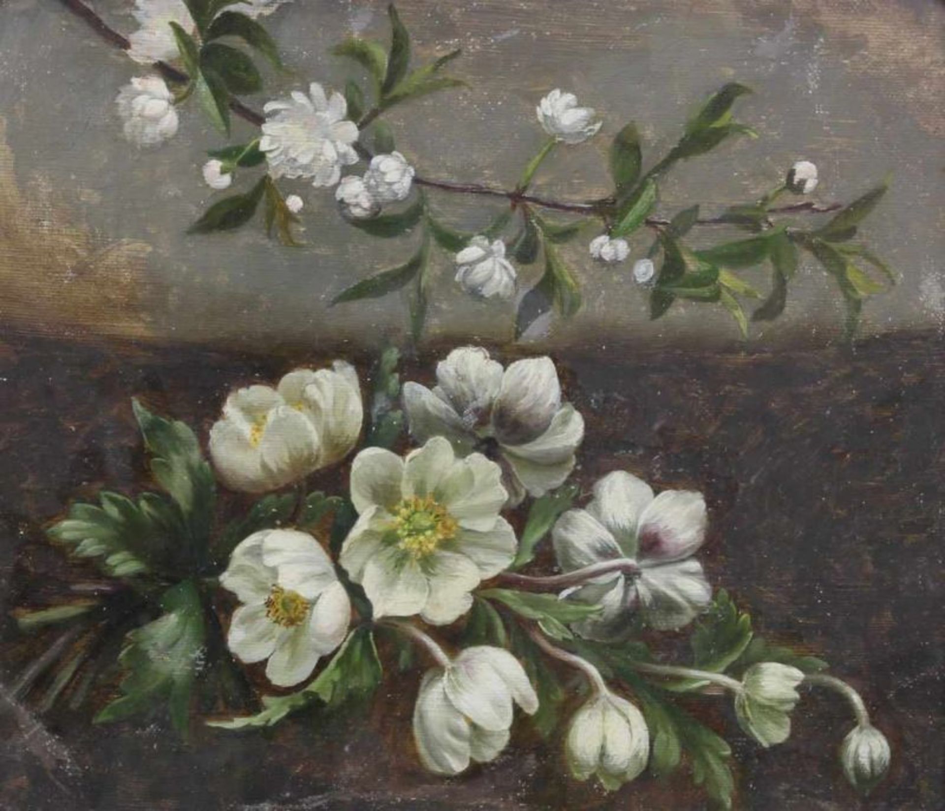 Deutscher Maler (2. Hälfte 19. Jh.,) "Stillleben mit Christrosen und Kirschblüten", Öl auf Leinwand,