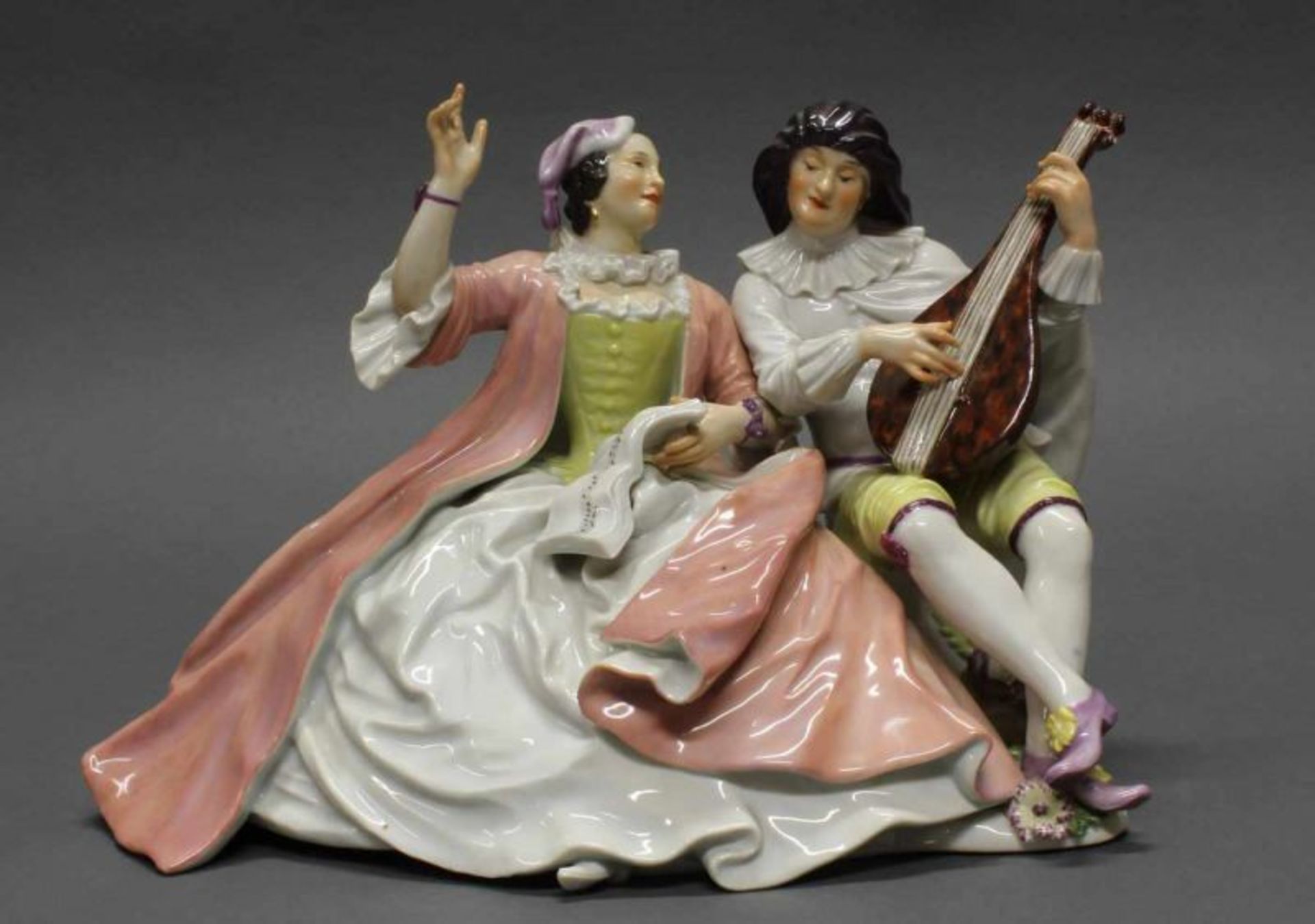 Porzellangruppe, "Scaramuz und Columbine", Meissen, Schwertermarke, 1924-1934, 1. Wahl, Modellnummer